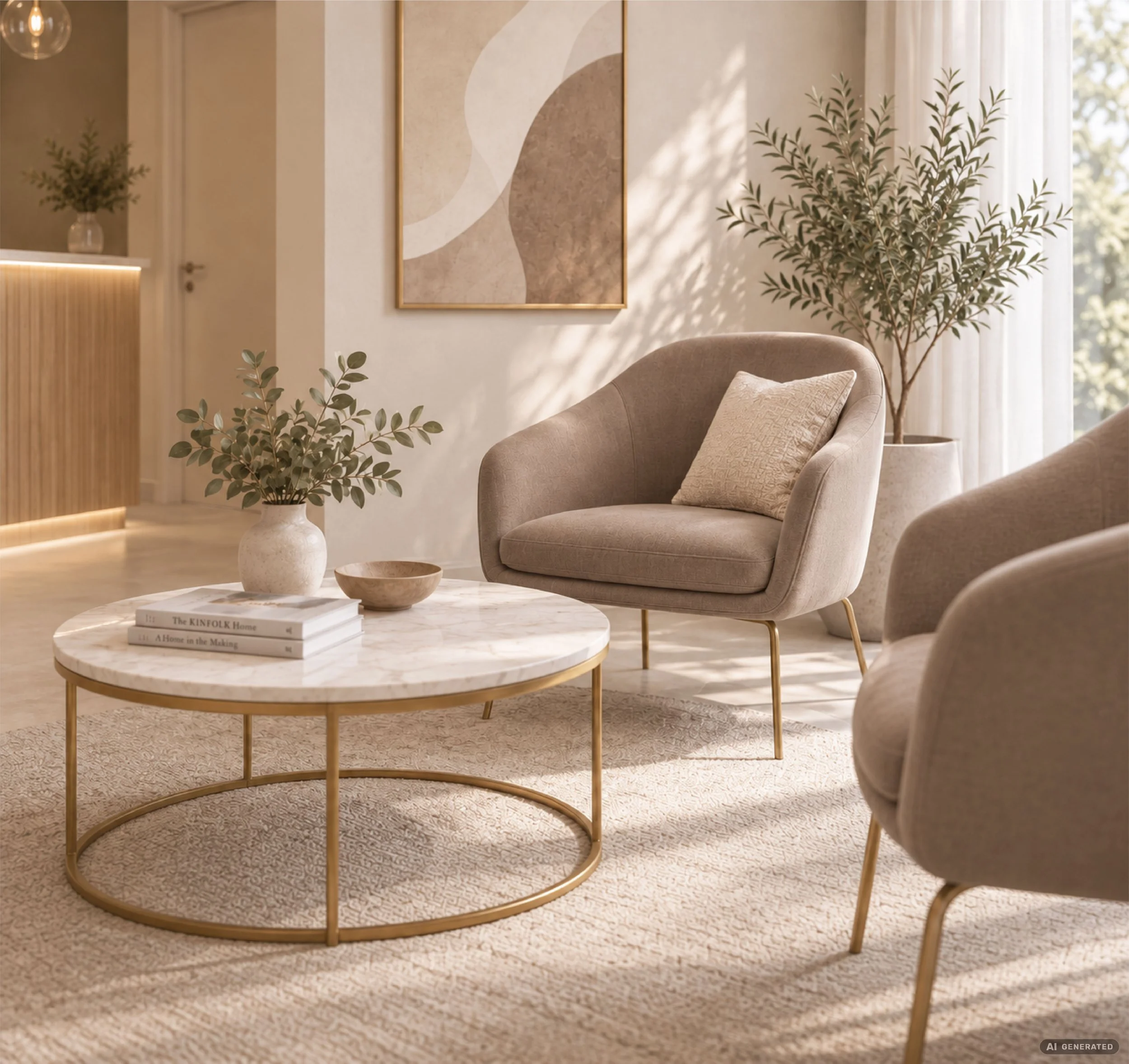 Ein gemütliches Wohnzimmer mit einem beige-farbenen Sessel, einer weißen Marmortisch, einem großen Bild an der Wand, mehreren Pflanzen und einem großen Fenster mit weißen Vorhängen, das Tageslicht hereinlässt.
