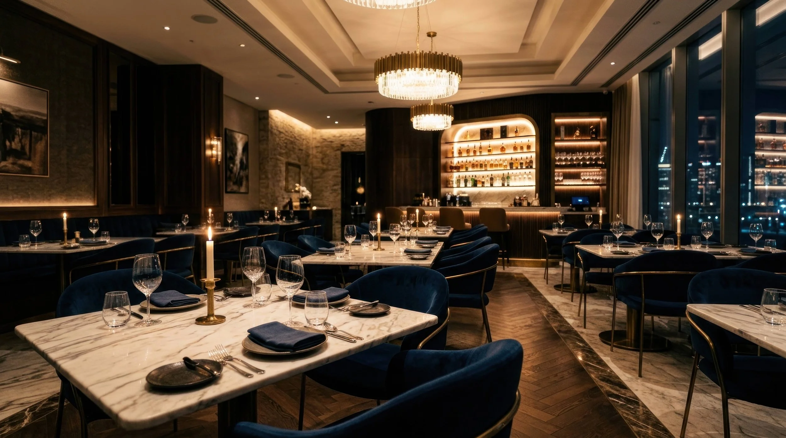 Elegantes Restaurant mit weißem Marmortisch, blauen Stühlen, Kerzen und Weingläser, im Hintergrund eine Bar mit beleuchteter Regalwand und Stadtblick durch große Fenster.