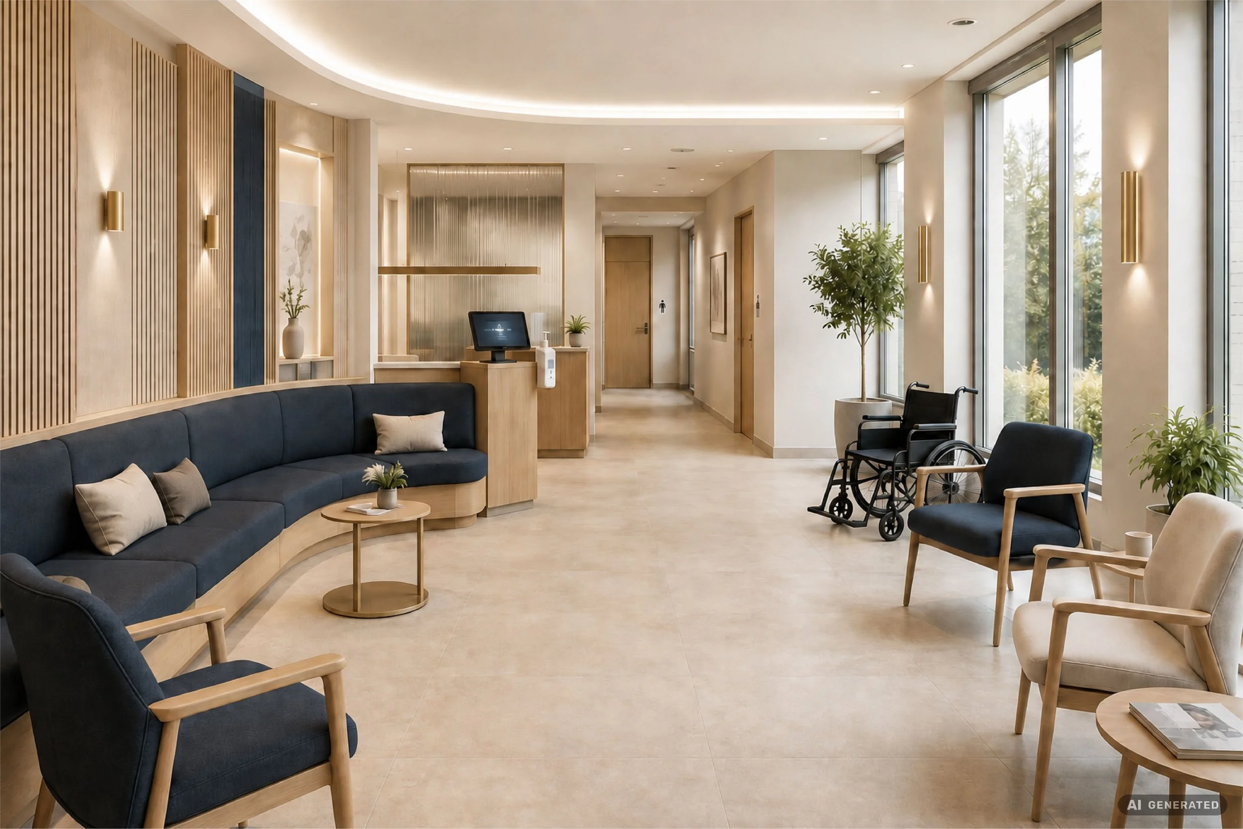 Moderne Empfangsarea mit Sofa, Stühlen, Pflanzen, großem Fenster, einem Empfangstresen mit Computer und Barhockern, hellen Wänden, Holzdekorationen und dezenter Beleuchtung.