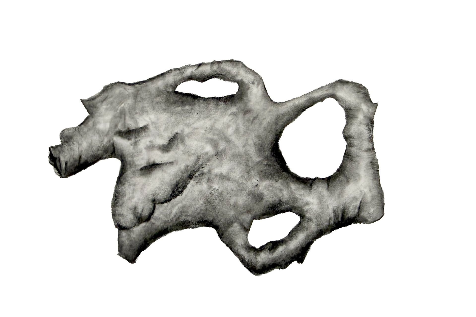 A watercolor painting of an animal skull, possibly a deer or similar creature, in shades of gray and black with an abstract background.