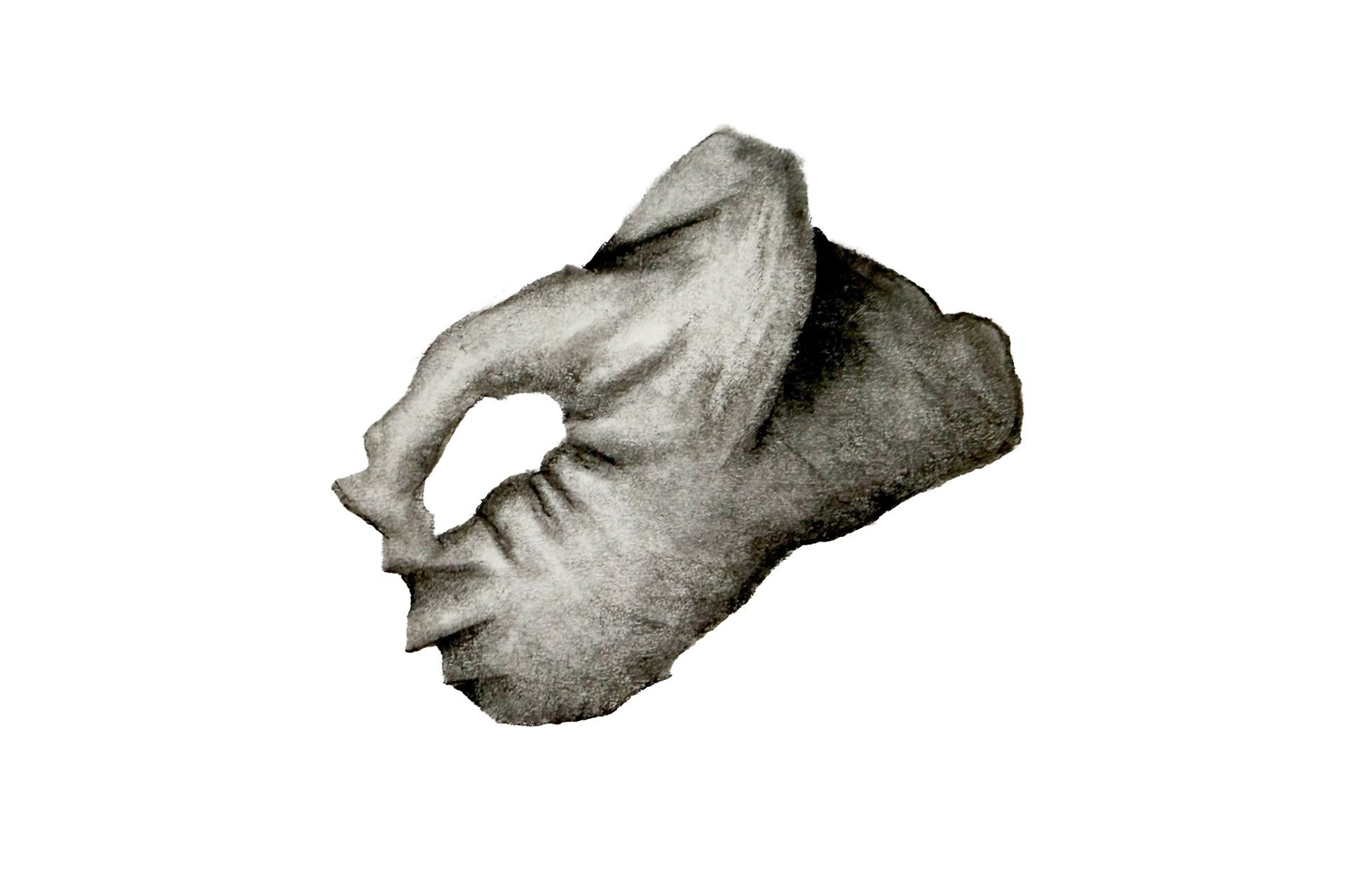 A black and white drawing of a person's arm resting on a surface, with the hand touching the forehead, in a relaxed pose.
