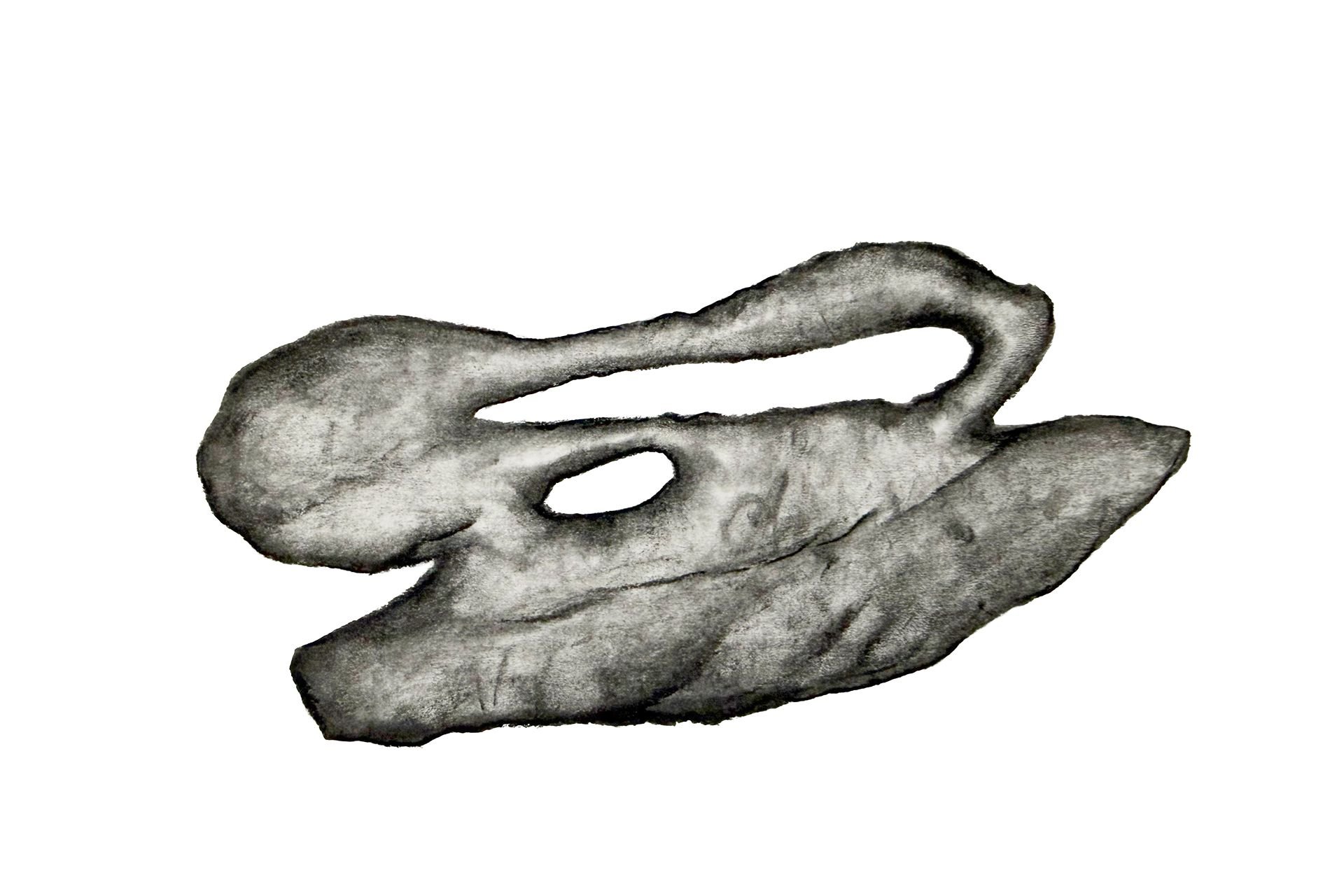 A black and white drawing of a hand holding a small object, with a plain white background.
