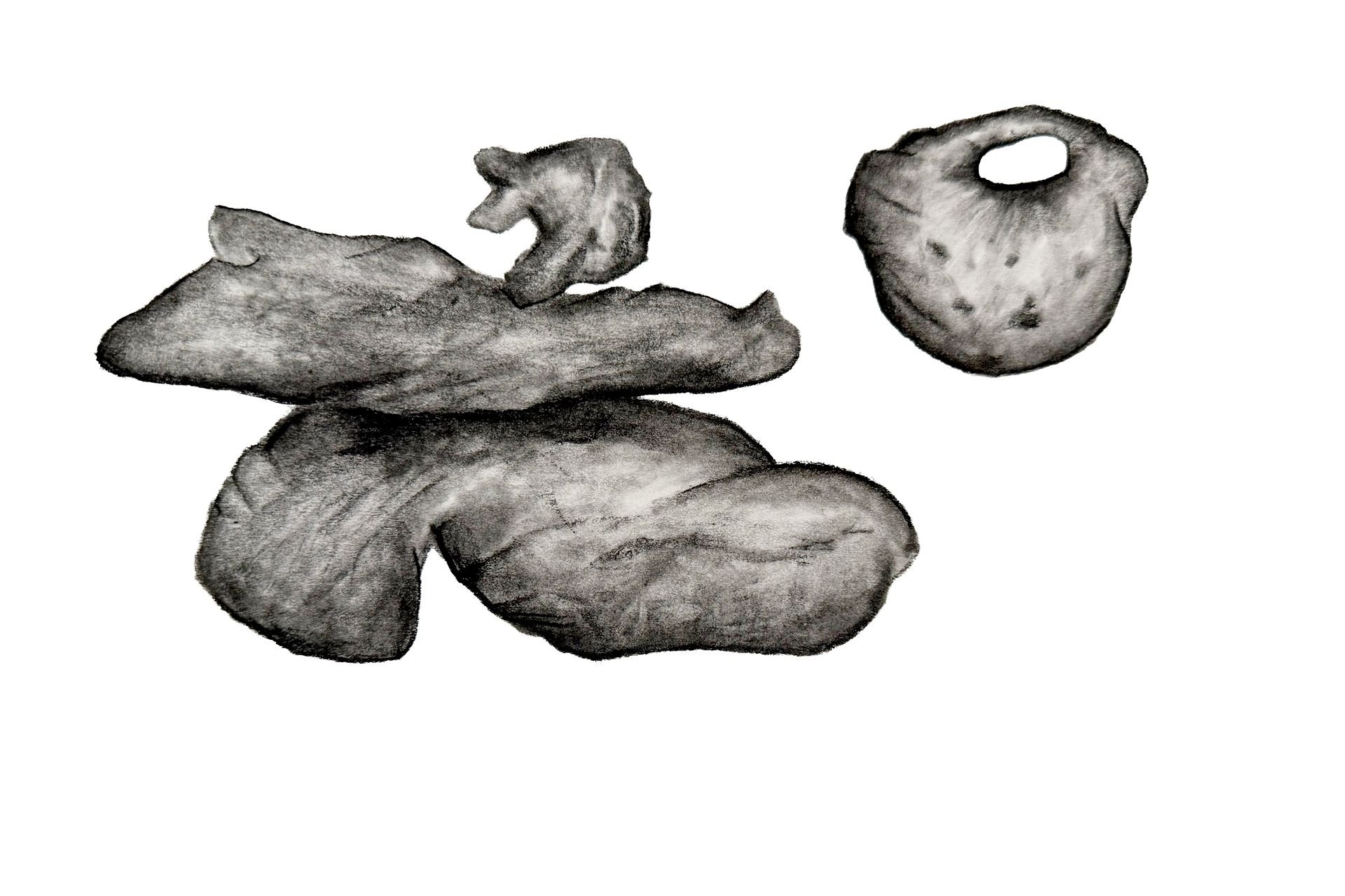Black and white watercolor painting of a wolf with its head resting on a rock, and a hole-shaped object hovering nearby.