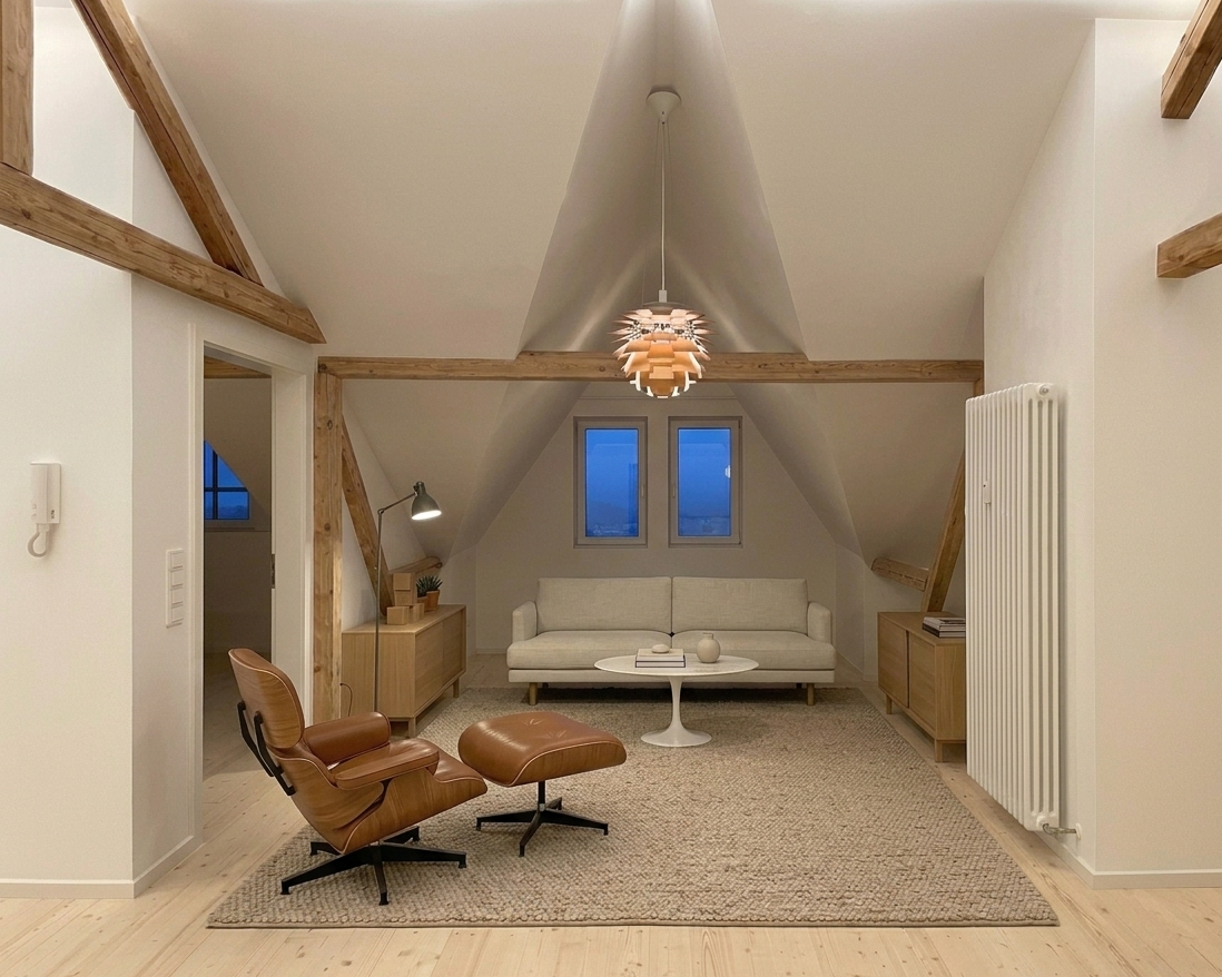 Wohnzimmer mit weißem Sofa, Couchtisch, Vintage Sessel, Holzregalen, Stehlampe, zweier Fenster und Holzträgern an der Decke