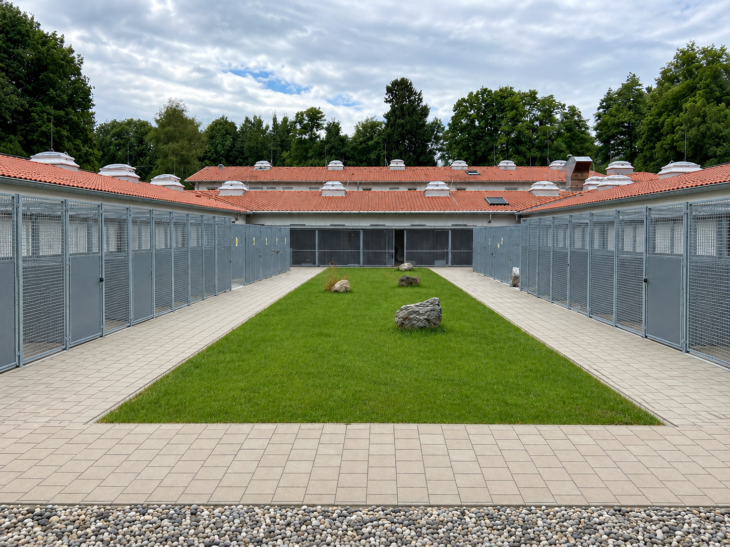 Tierheim Rosenheim mit Außenansicht des Gehegebaus des Hundehauses. Zwingerbau mit direktem Ausgang in den Außenbereich.