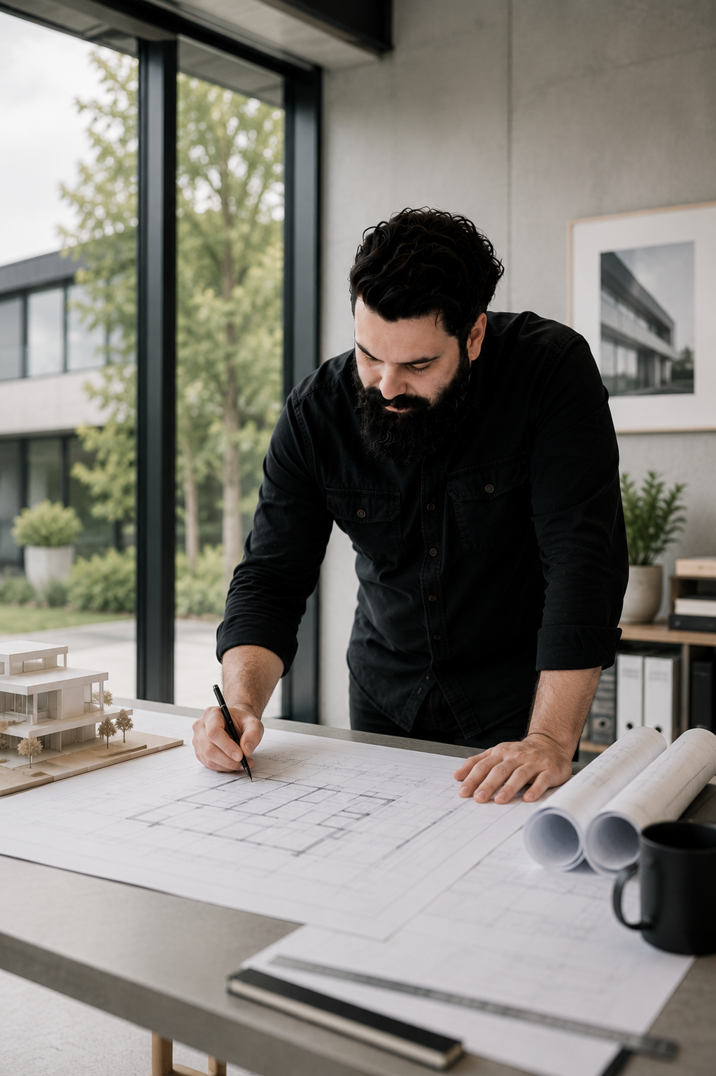 Ein Mann mit dunklen Haaren und Bart arbeitet an einem Architekturmodell und zeichnet auf einem Plan in einem modernen Büro mit großen Fenstern und Blick ins Freie.