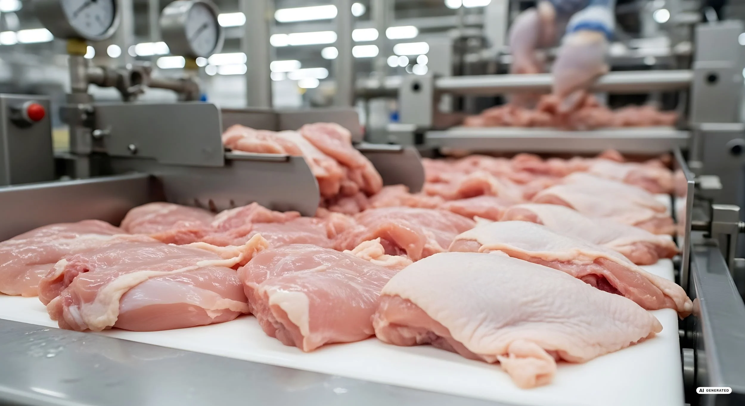 Roher Hähnchenfleisch-Lauf auf einem weißen Förderband in einer Edelstahl-Geflügelverarbeitungsanlage