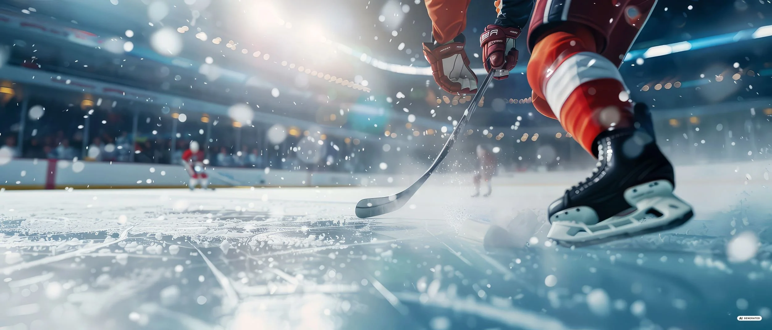 Nahaufnahme von Schlittschuhen und einem Eishockeyschläger auf aufgewirbeltem Eis in einer beleuchteten Eishalle
