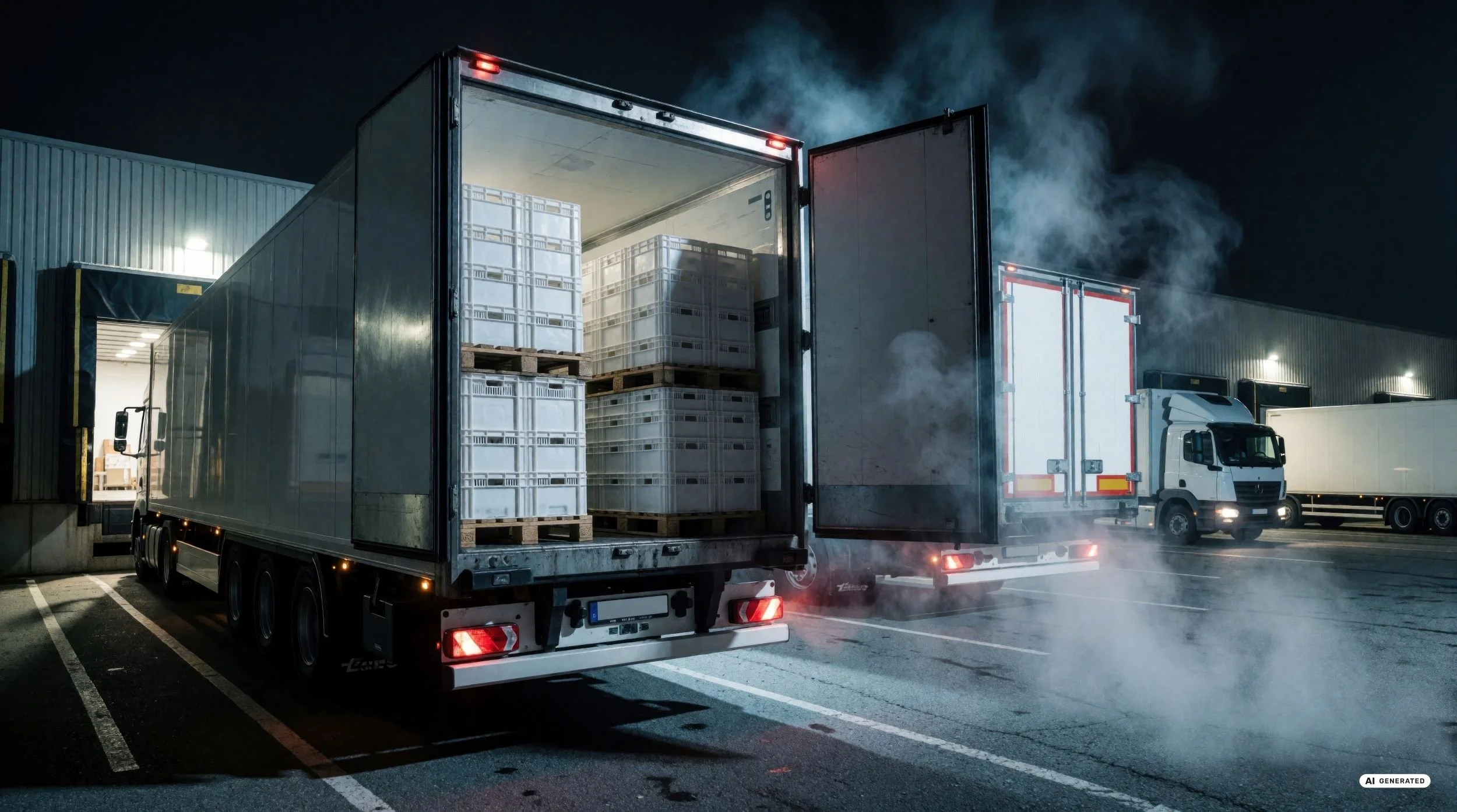 Geöffneter Kühl-LKW mit gestapelten Transportkisten an einer Laderampe bei Nacht, aus dem Kältedampf entweicht