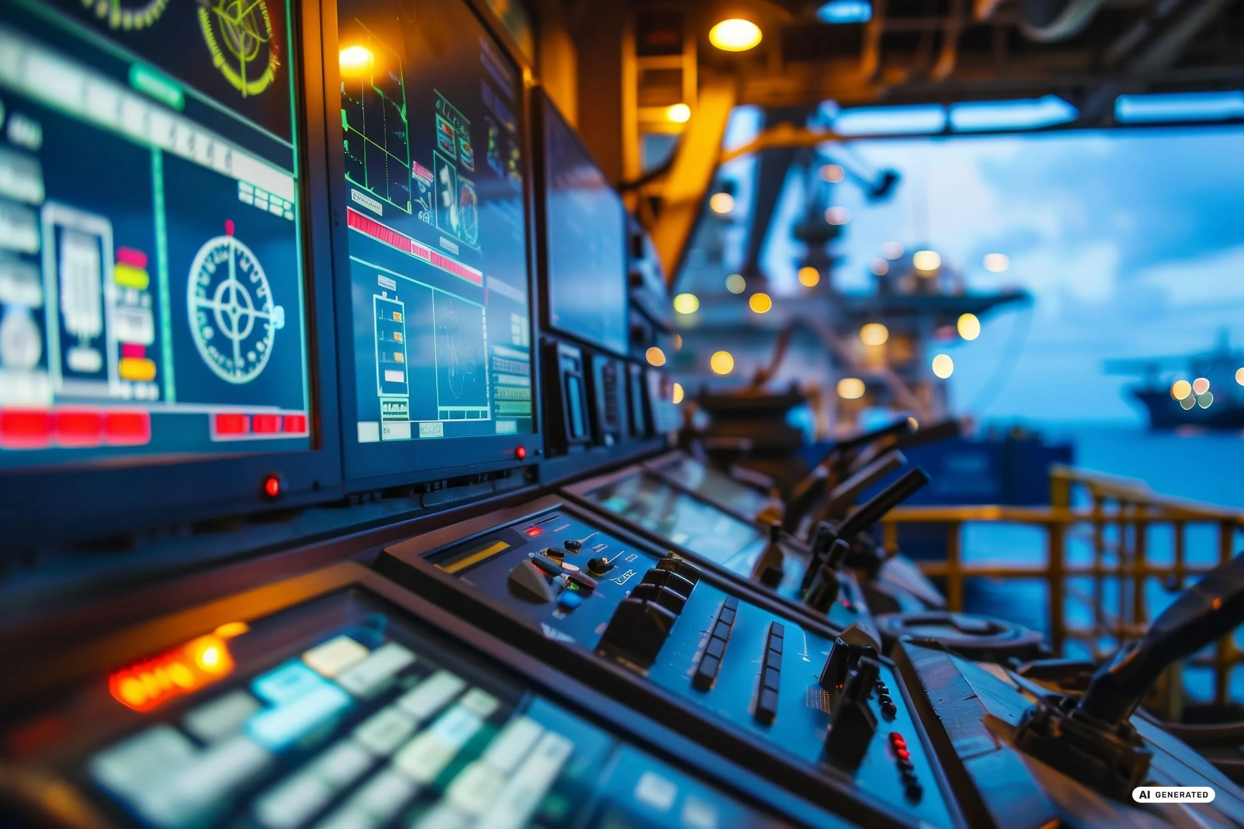 Brücke eines Marineschiffs mit leuchtenden Monitoren, Navigationsanzeigen und Steuerkonsolen in bläulichem Licht