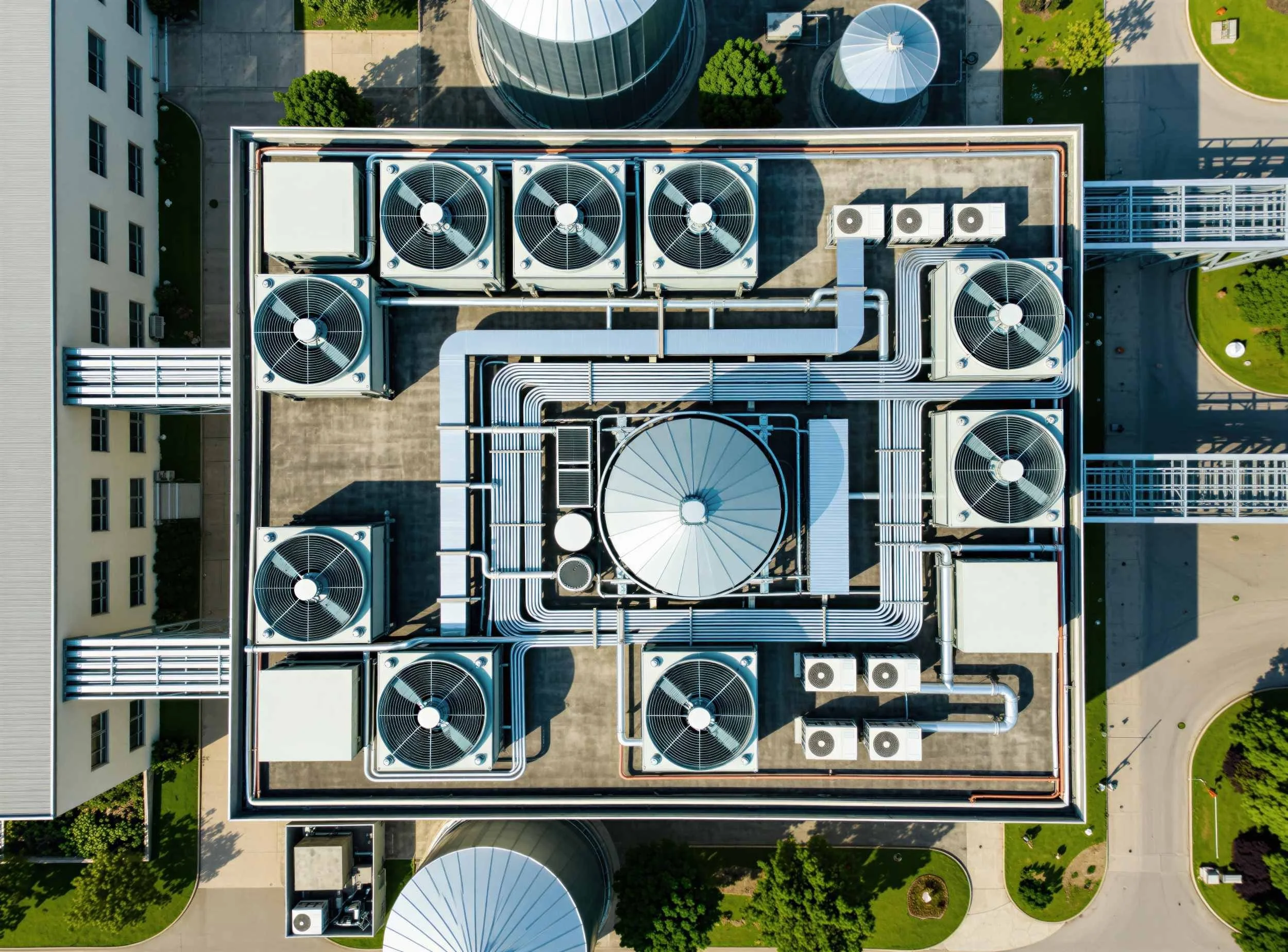 Luftaufnahme direkt von oben auf ein Flachdach mit großen Lüftungs- und Kälteanlagen für die zentrale Gebäudeklimatisierung