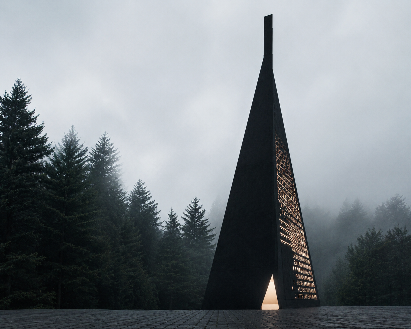 Une structure en forme de pointe noire, avec une façade en partie ornée de texte, se trouve dans une forêt entourée de sapins sous un ciel nuageux.
