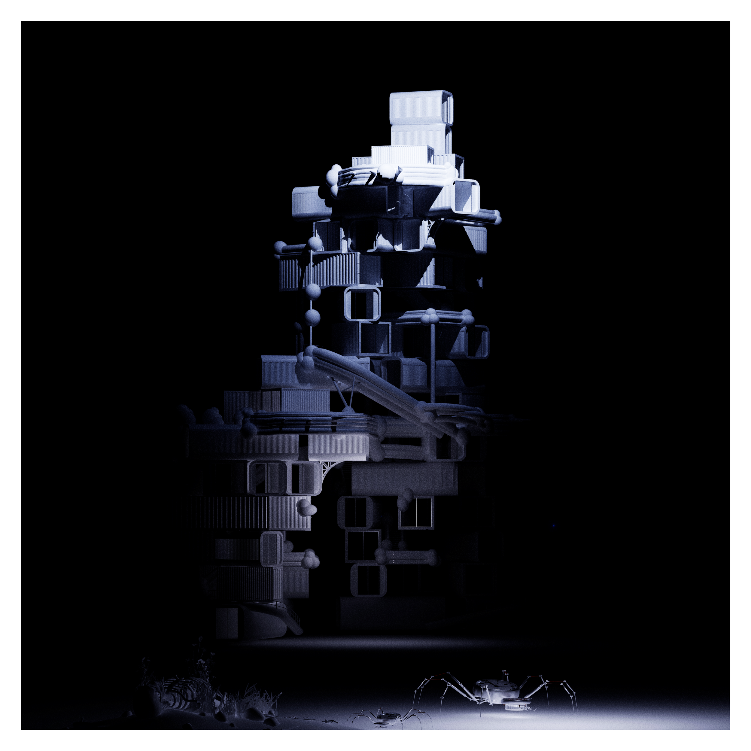 Modèle architectural futuriste de bâtiment en blanc avec structures complexes, tournant dans un espace sombre avec des éléments géométriques à la base.