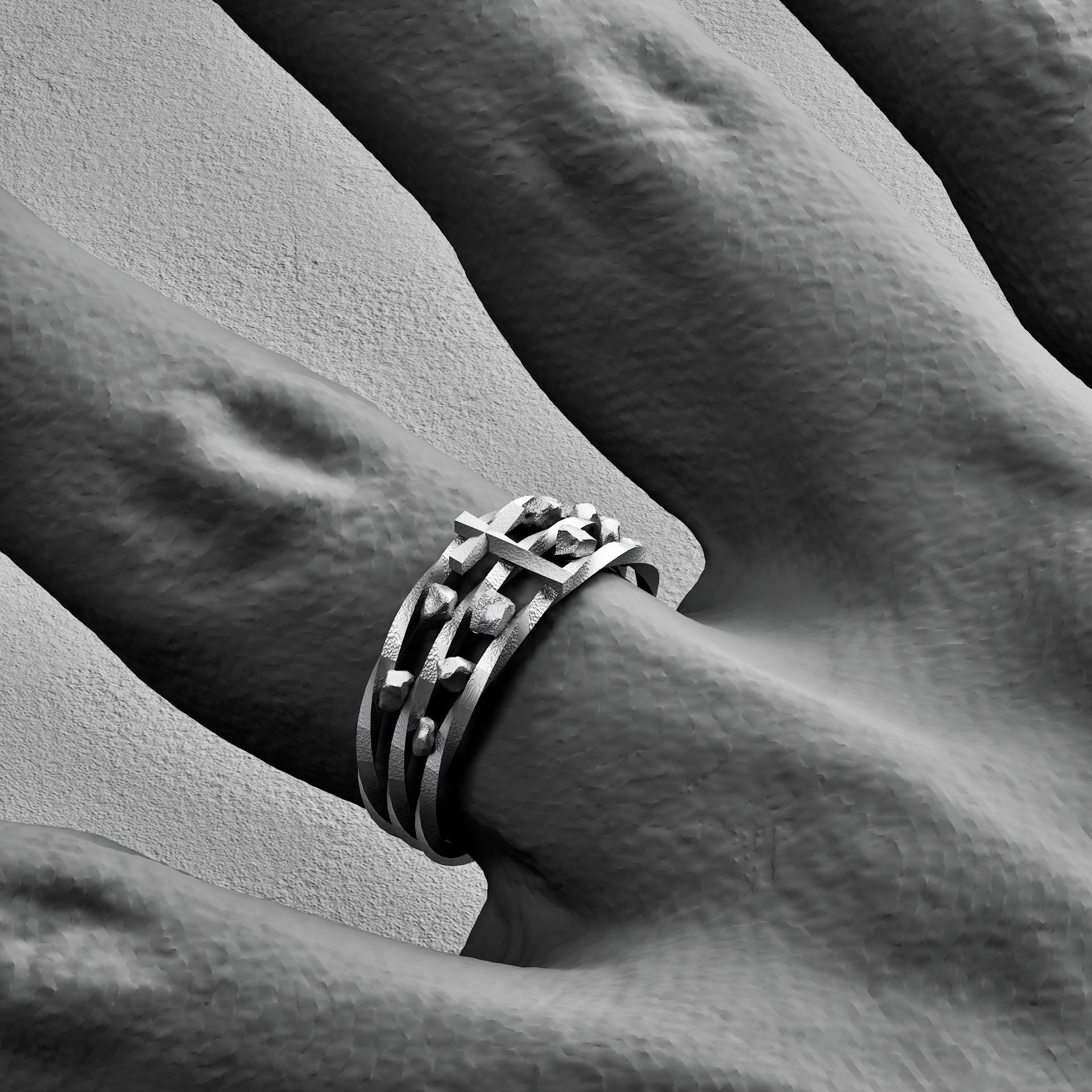 Une sculpture dans un style cubiste représentant un poignet avec un bracelet en forme de cercle, situé entre deux surfaces texturées.