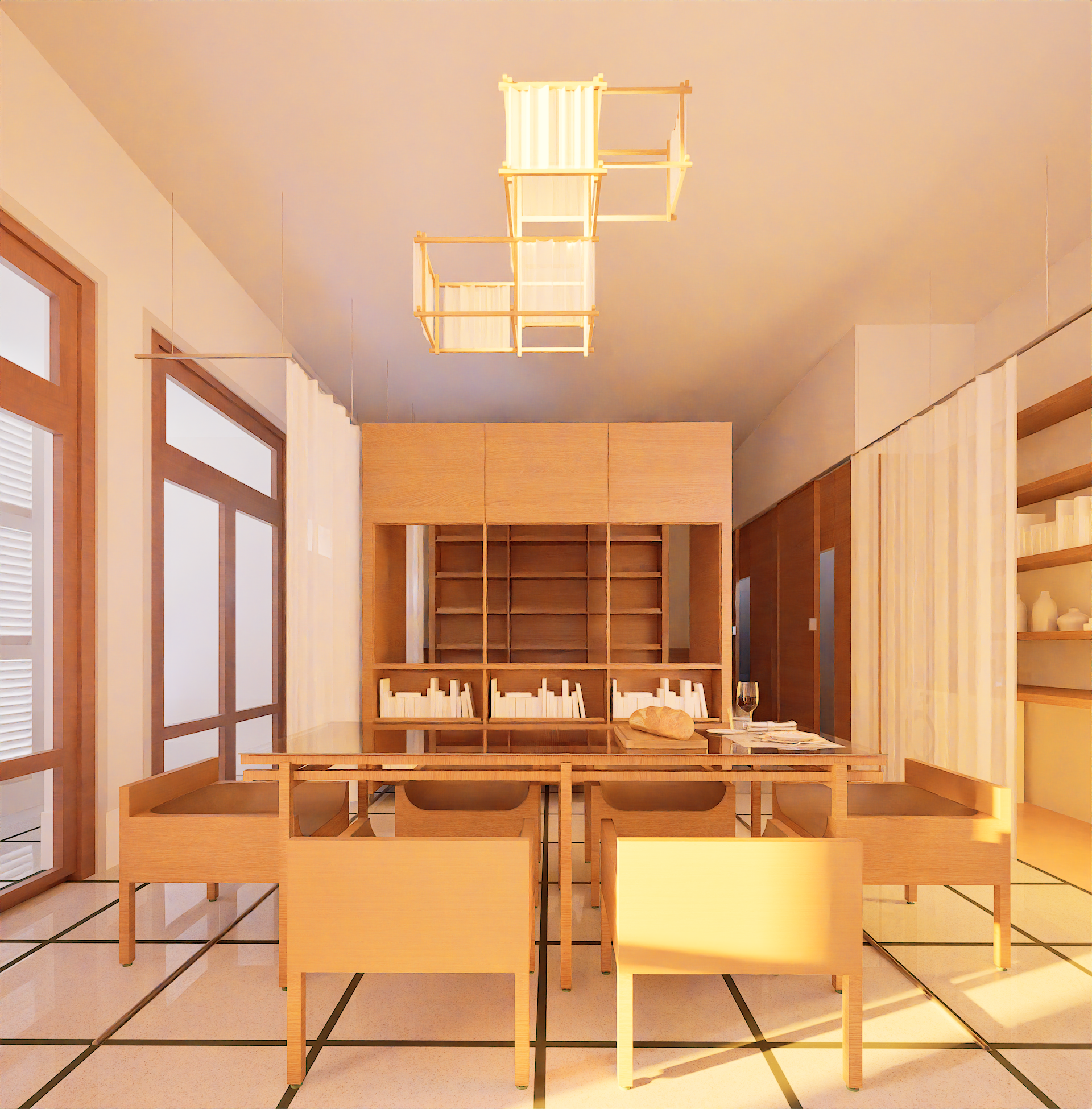 Étagères en bois naturelles dans un espace intérieur moderne avec grandes fenêtres et éclairage chaleureux.