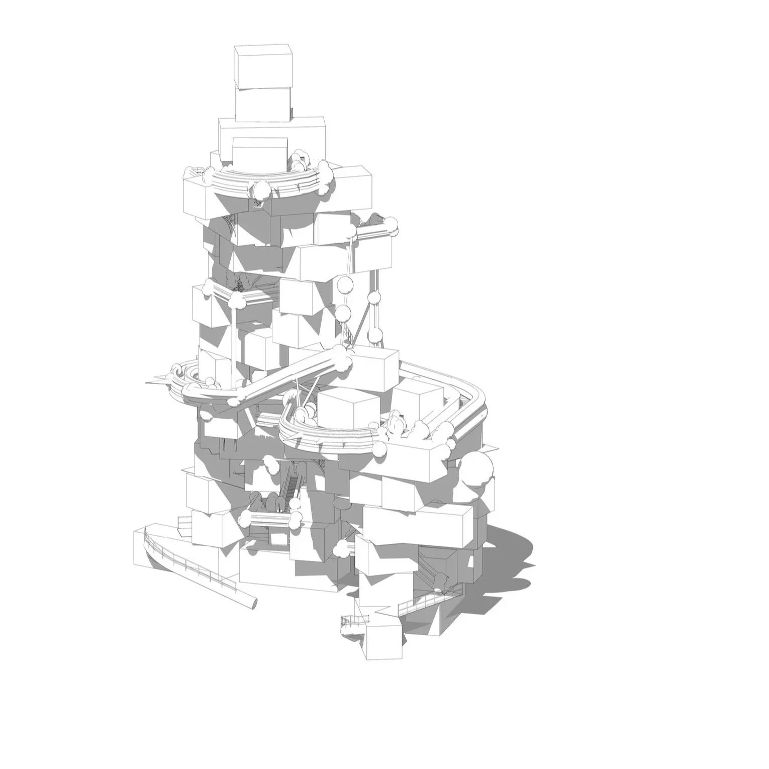 Une structure architecturale complexe avec plusieurs niveaux, éléments géométriques, rampes et rochers, vue en perspective.
