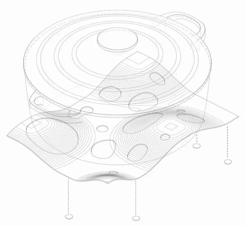 Schéma technique d'une enceinte ou d'un haut-parleur en vue géométrique.