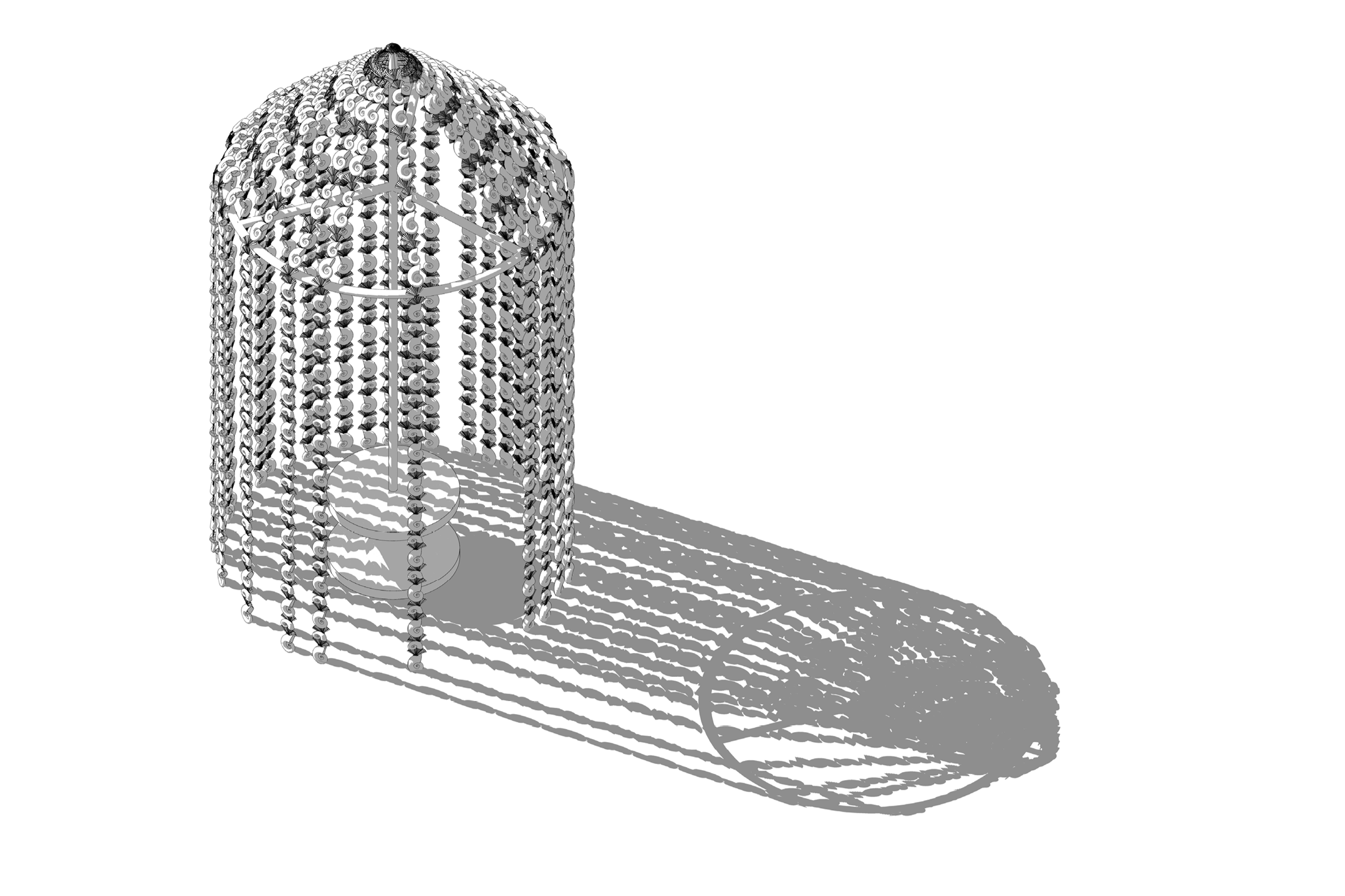Une sculpture en métal formée de spirales suspendues, créant une structure en forme de cage avec un cercle en bas. La sculpture projette des ombres en miroir au sol.