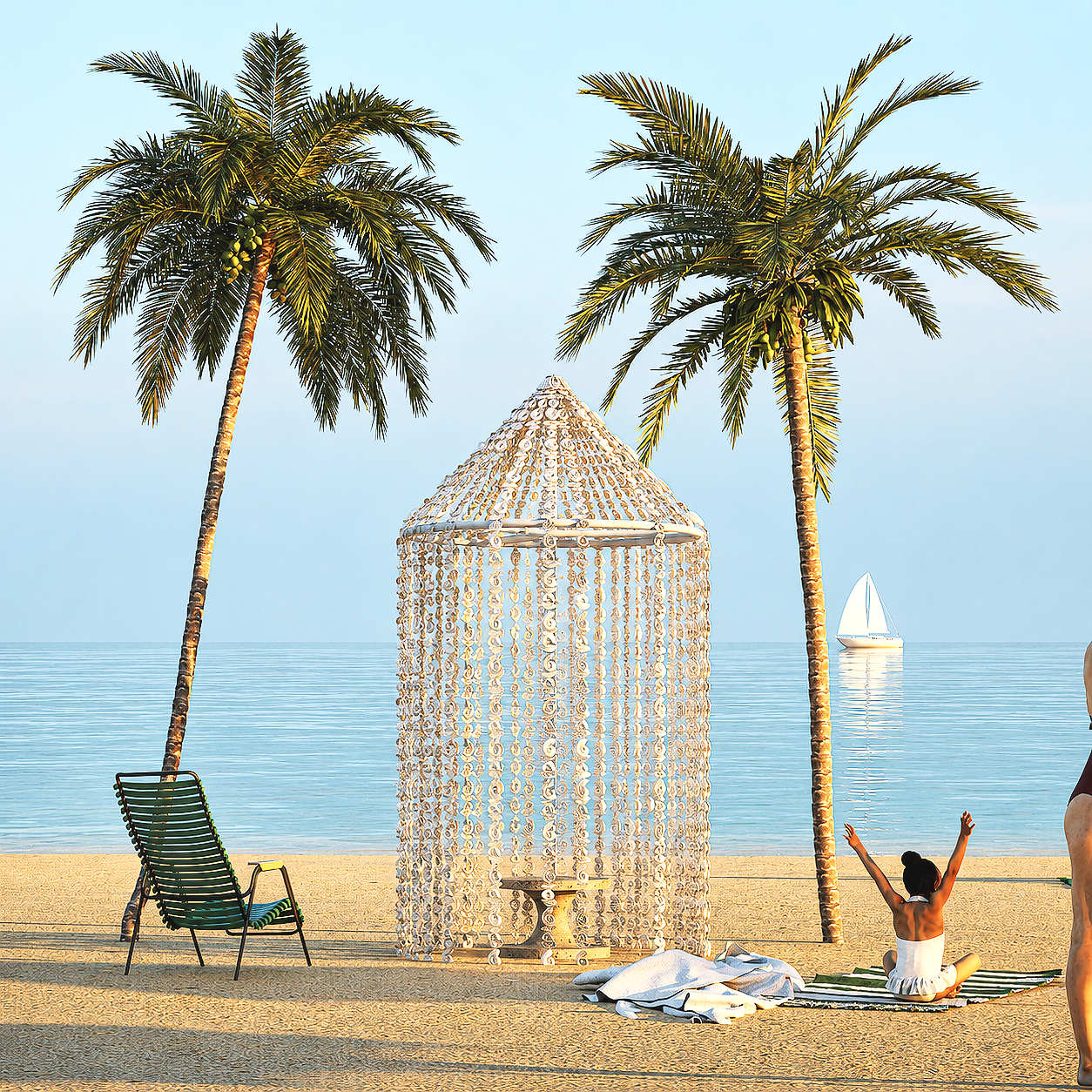 Une plage avec deux palmiers, une femme assise sur un tapis en train de faire un yoga, un fauteuil, une cabane en coquillage, un bateau à voile au loin sur l'eau calme.