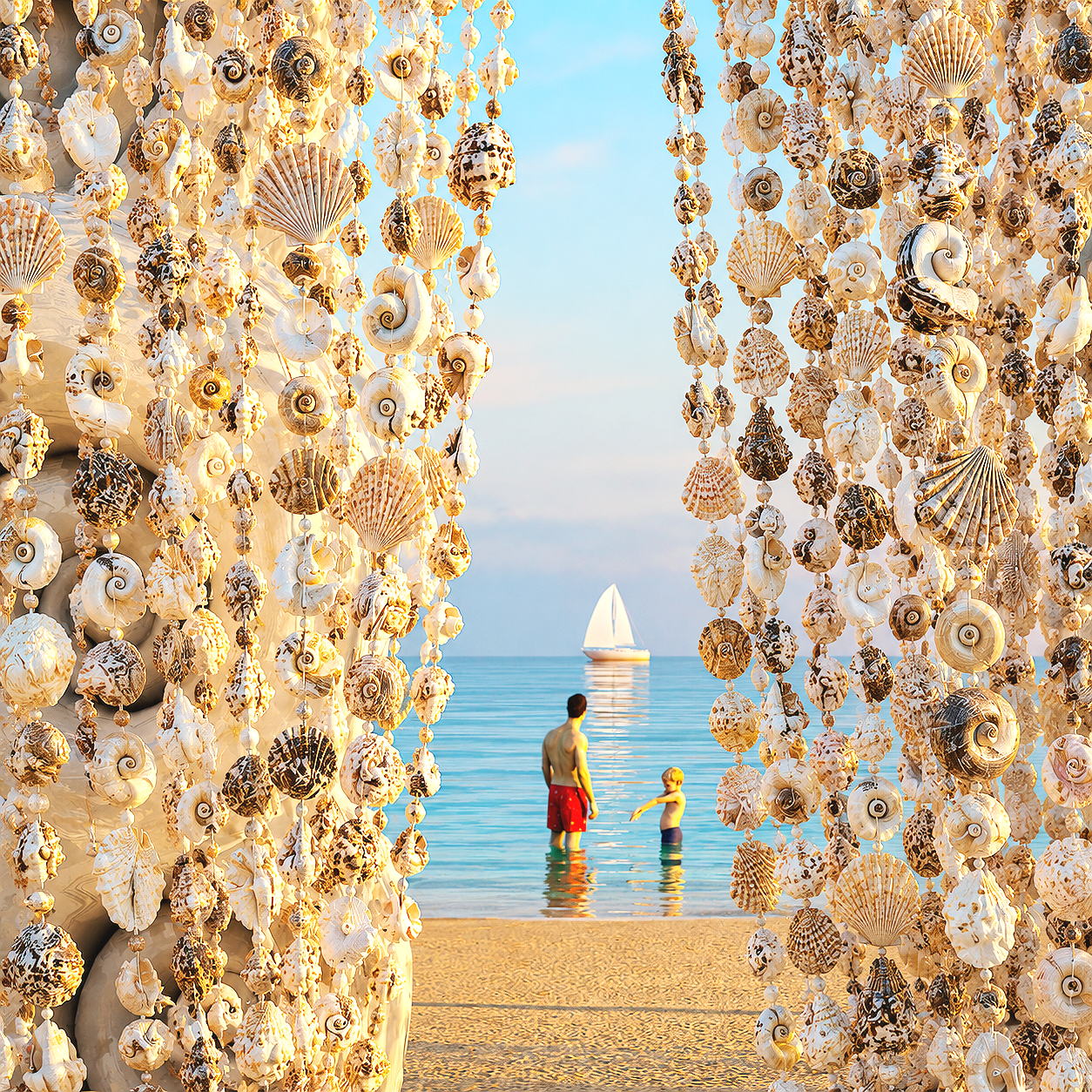 Une scène de plage vue à travers une décoration faite de coquillages suspendus, avec deux personnes, un homme et un enfant, nageant dans la mer, et un voilier blanc en arrière-plan sous un ciel bleu