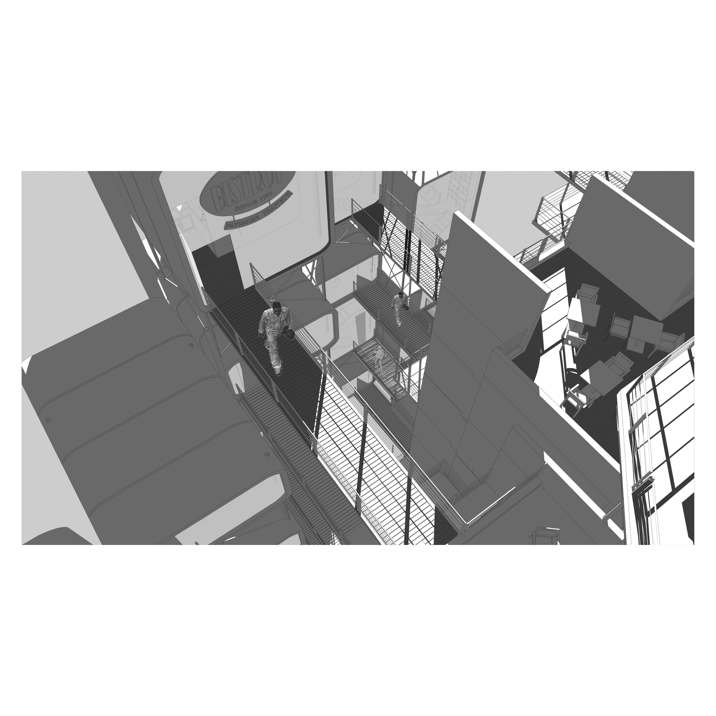 Vue en plongée d'un espace intérieur avec escaliers métalliques, un grand panneau publicitaire avec le mot 'Bistrot' et des personnes marchant dans l'escalier.