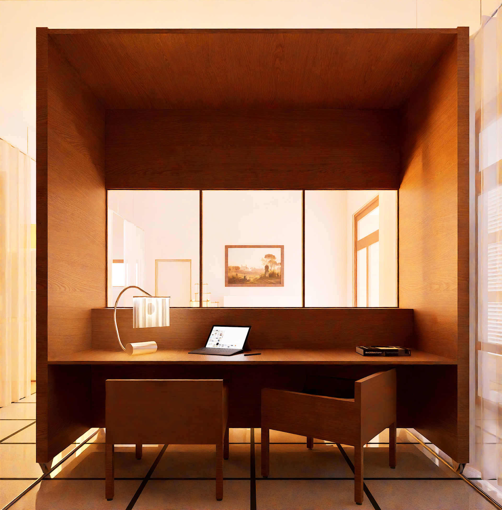 Étagère en bois avec un ordinateur portable, une lampe et un livre intitulé 'Architecture of Tomorrow', dans une pièce lumineuse avec des œuvres d'art accrochées au mur.