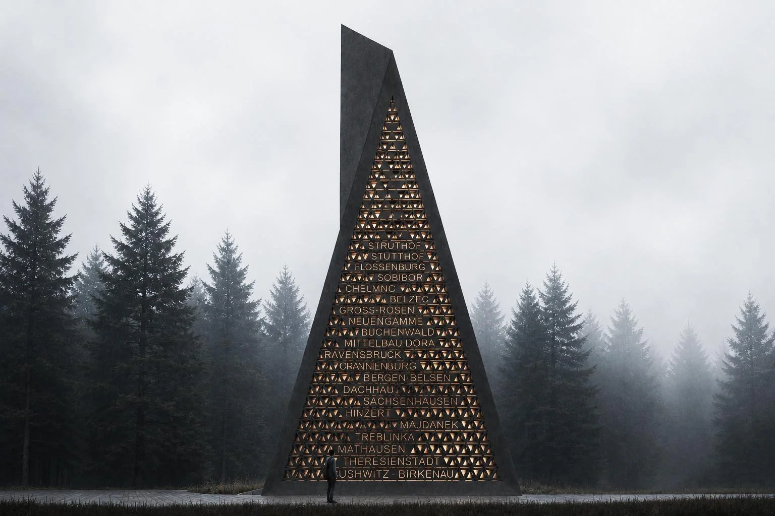 Un monument en forme de pyramide inversée avec des noms de villes gravés à l'intérieur, situé dans une forêt brumeuse.