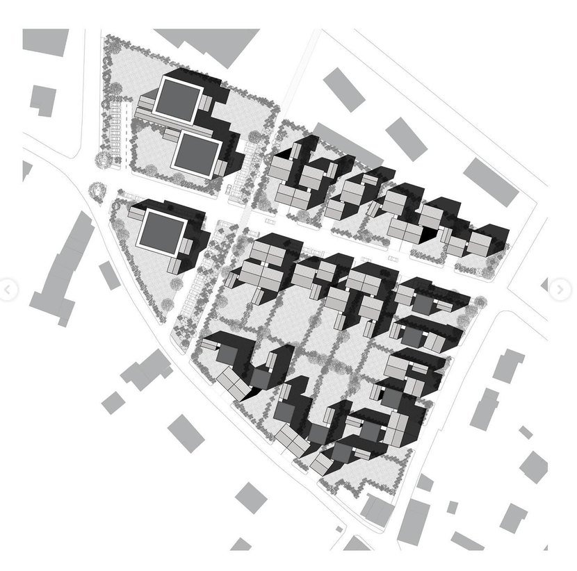 Plan architectural d'un ensemble résidentiel avec plusieurs bâtiments, allées, espaces verts et arbres.