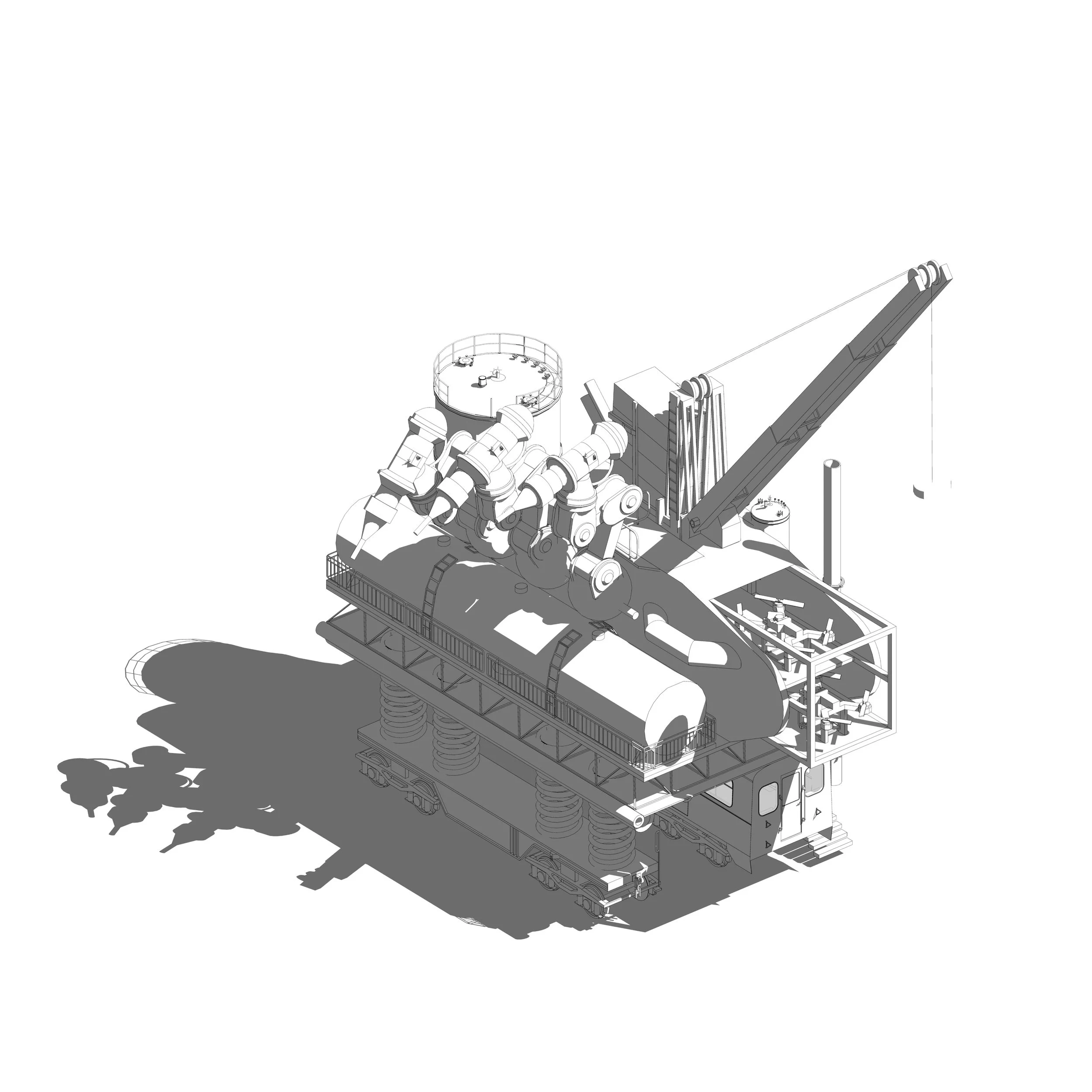 Modèle technique d'une structure complexe avec de nombreux composants mécaniques, généralement utilisé pour représenter un prototype ou une conception d'ingénierie.