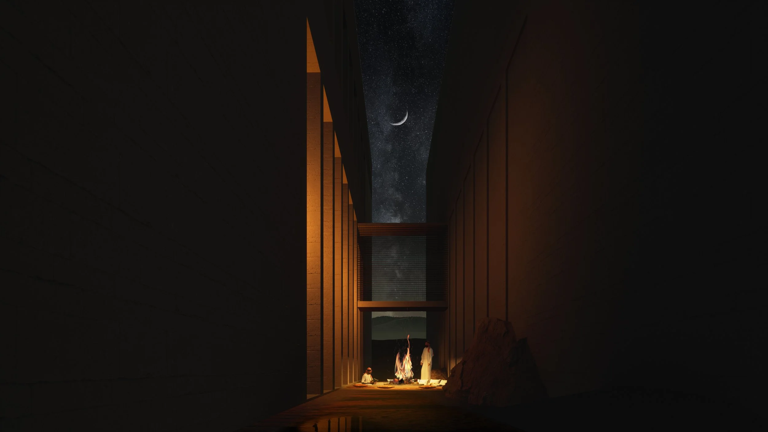 Une vue nocturne d'une architecture moderne avec un ciel étoilé et une lune visible, une cheminée extérieure avec un feu allumé, et deux personnes assises à proximité.
