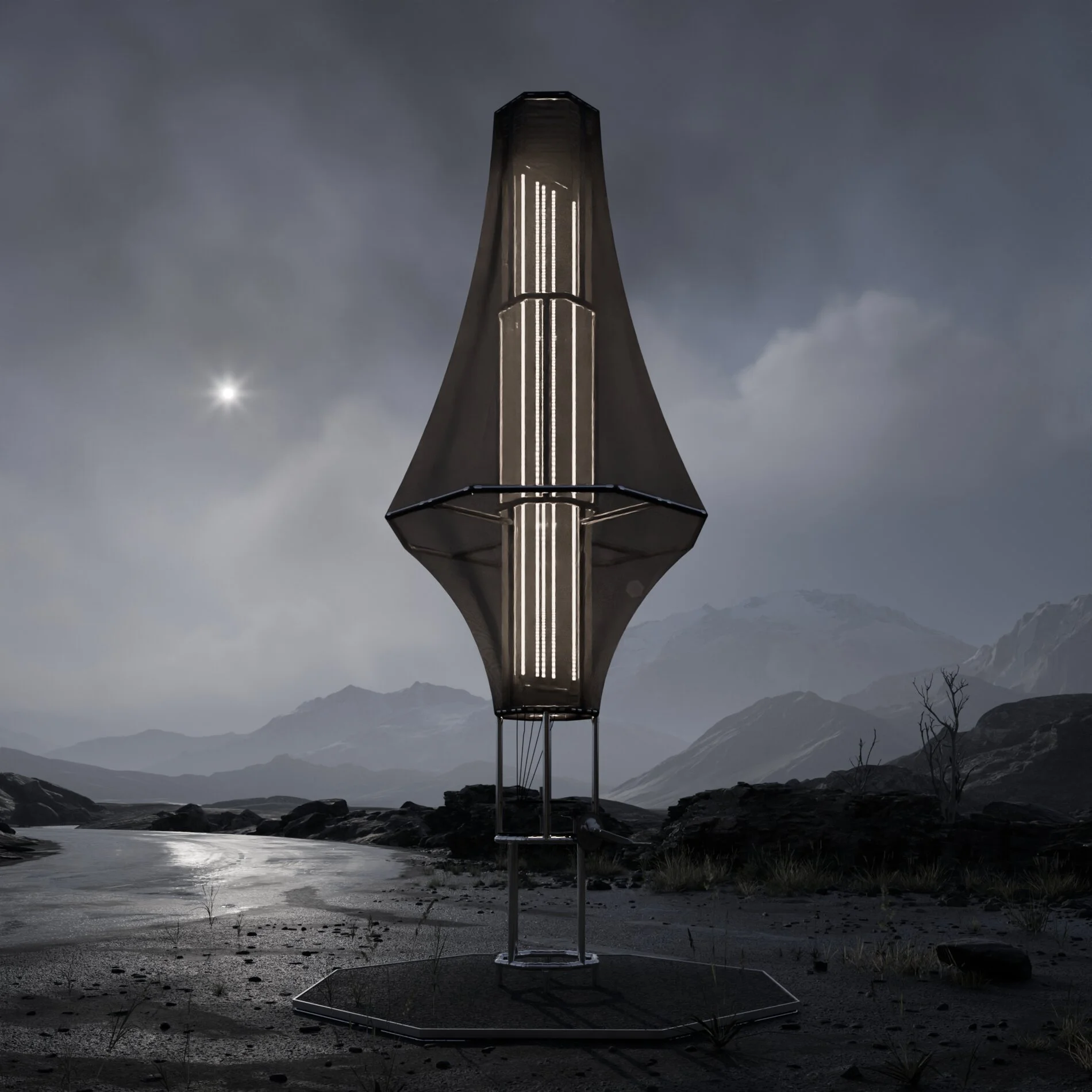 Une sculpture futuriste en forme de croix située dans un paysage montagneux sombre avec un ciel nuageux et le reflet du soleil