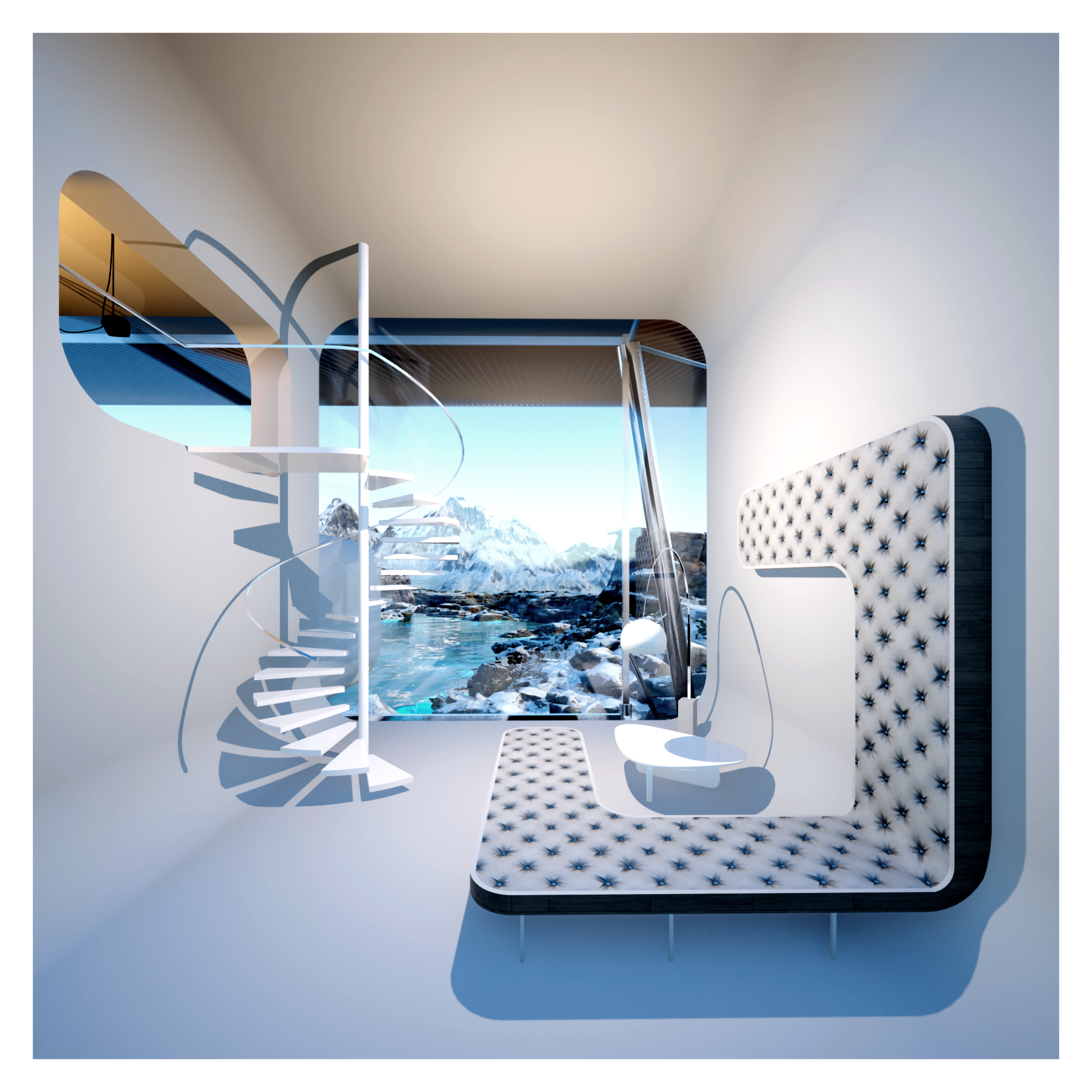 Intérieur moderne avec meubles en blanc, notamment un lit à tapis tufté bleu et blanc, une chaise en forme de coquillage, un espace de vie avec vue sur des montagnes enneigées, et un plafond curviligne beige.