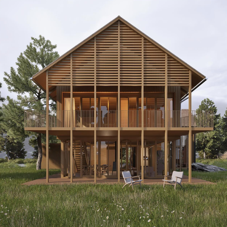 Maison en bois à deux étages avec une terrasse en haut, entourée d'arbres et de verdure.