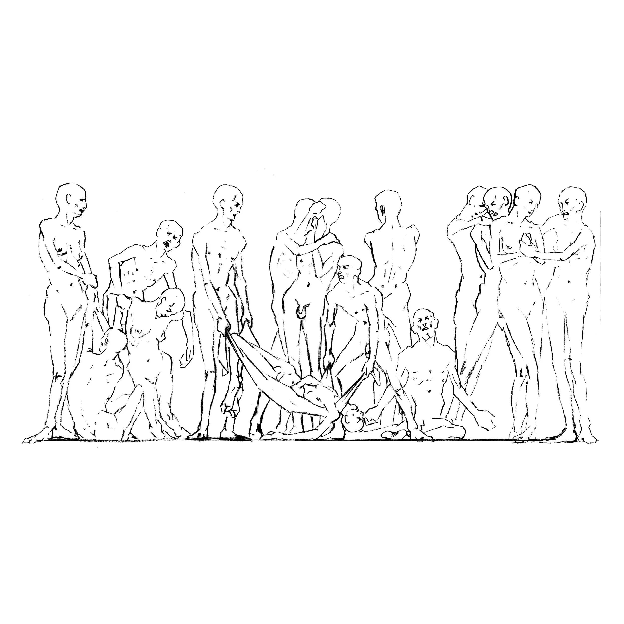 Dessin de plusieurs figures humaines, sans vêtements, en ligne, certaines debout, d'autres assises ou inclinées, dans un style esquissé avec peu de détails.