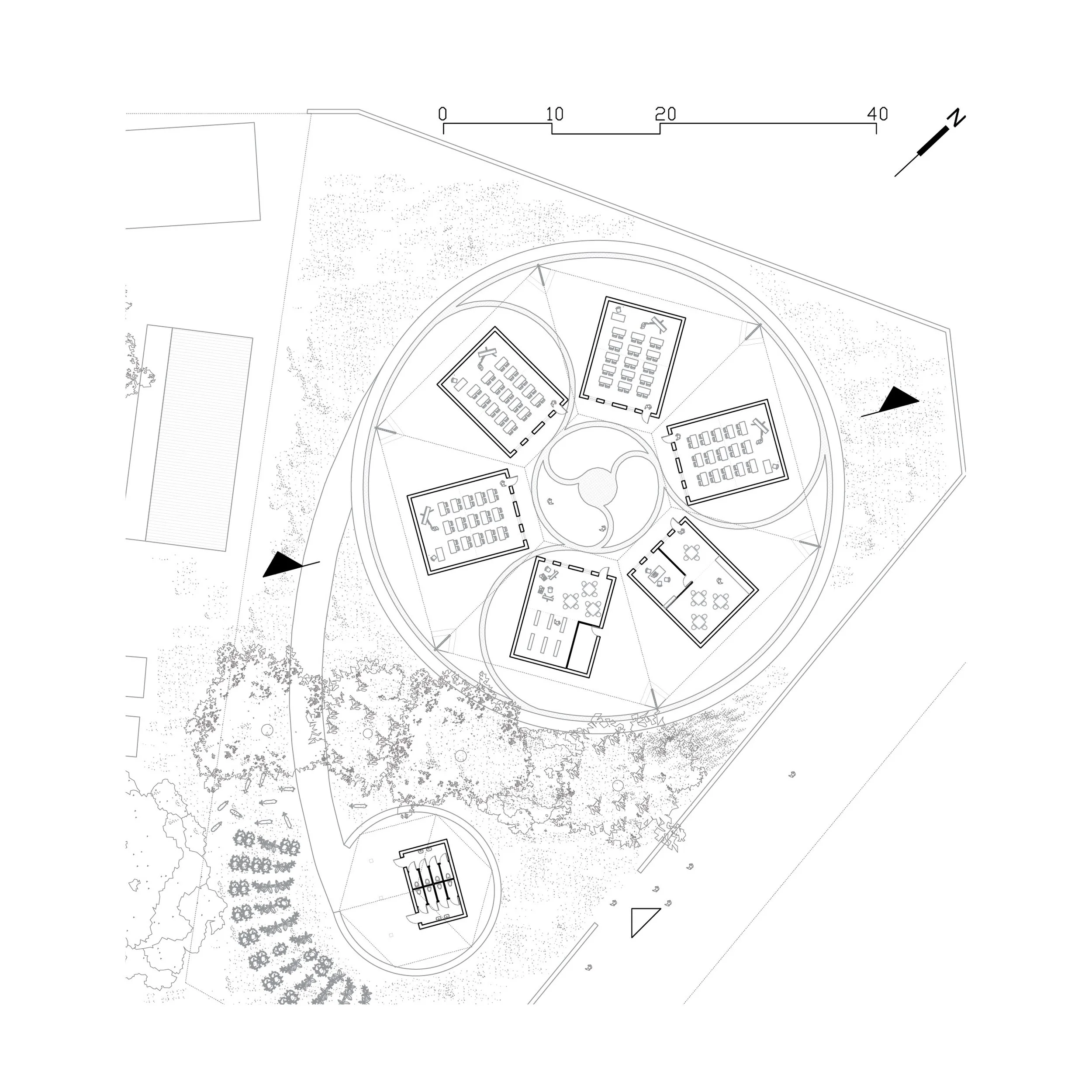 Plan architectural d'un espace extérieur avec des bâtiments, des chemins, des zones verts et des plantations.