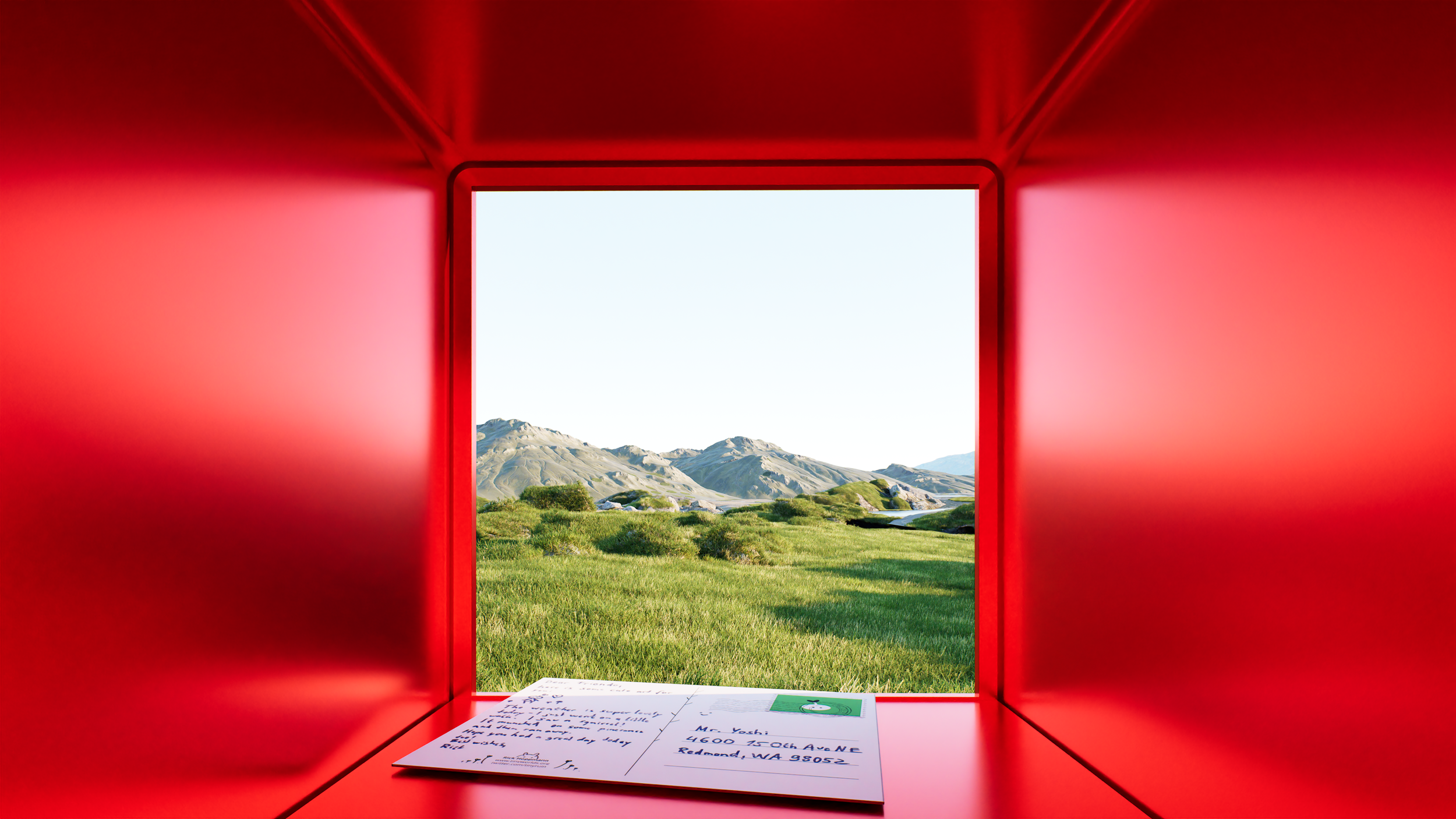 Une boîte aux lettres rouge ouverte, montrant un paysage de montagnes, de champs verts et un ciel clair au-delà de l'ouverture.