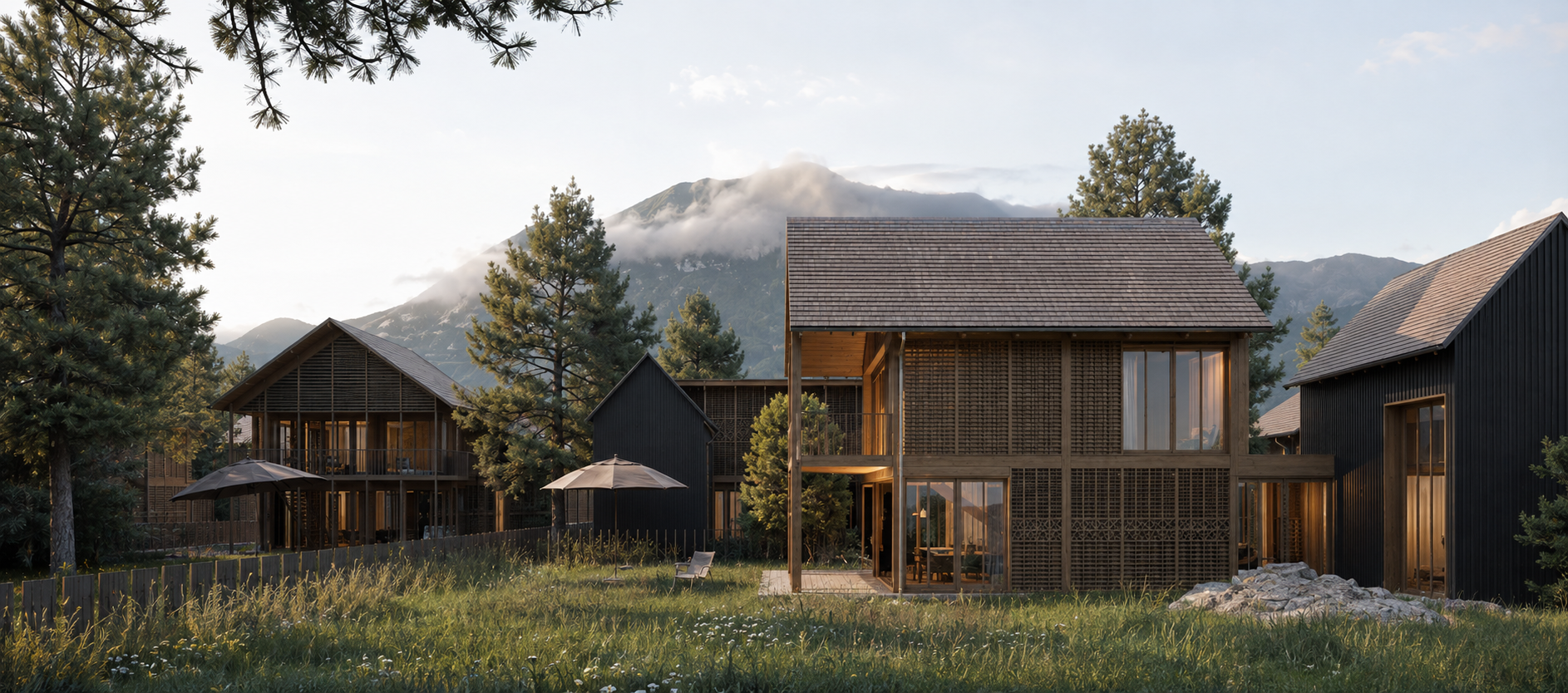 Maisons modernes en bois dans un paysage montagneux, arbres, ciel en partie nuageux, éclairage naturel, matin ou soir.