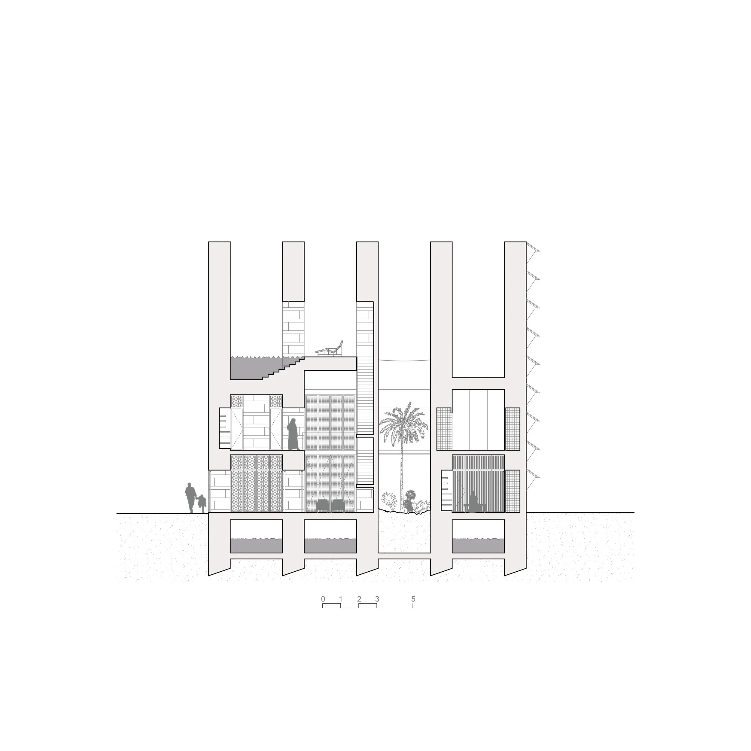 Plan architectural détaillé en coupe d'un bâtiment avec différents niveaux, escaliers, espaces verts, et silhouettes humaines pour échelle.