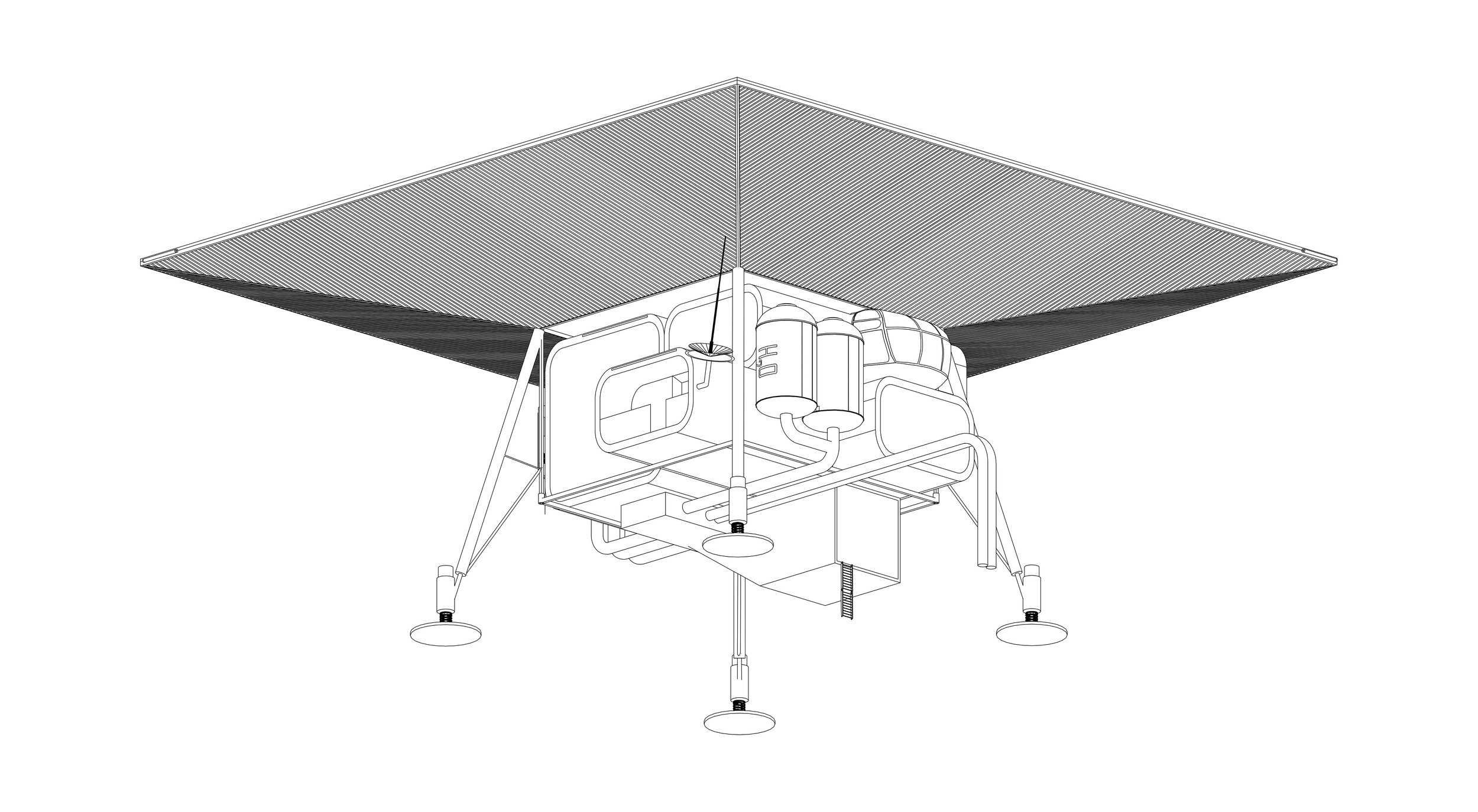 Schéma technique d'une station spatiale avec panneaux solaires, modules et structure de support