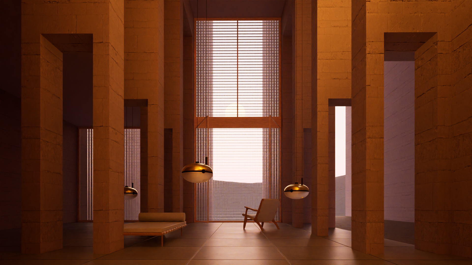 Intérieur d'une architecture moderne avec colonnes en pierre, fenêtres en grille en haut, suspensions rondes en dessous, et fauteuil en bois avec coussin
