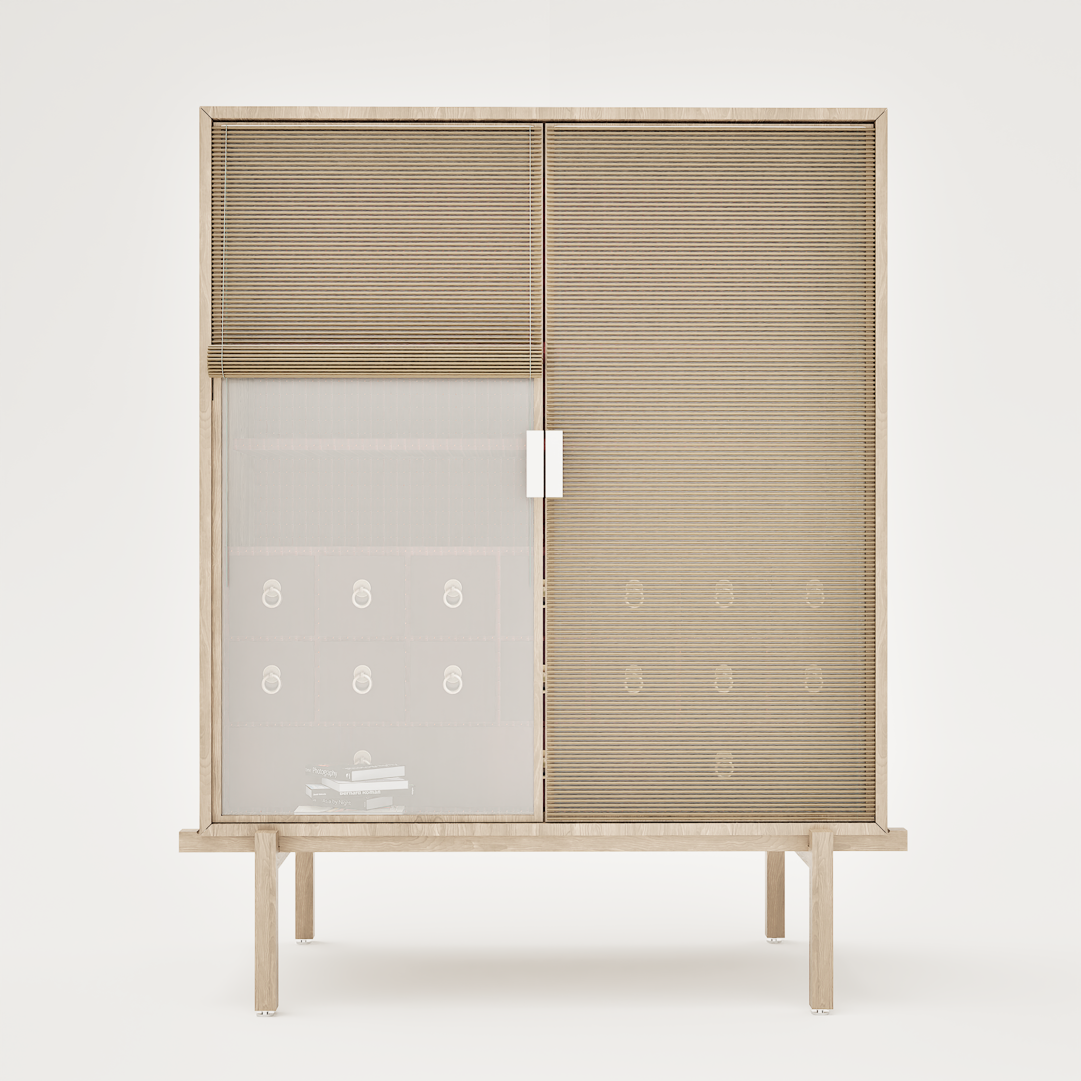 Un meuble de rangement en bois avec des portes en bois à lattes, sur un fond blanc.