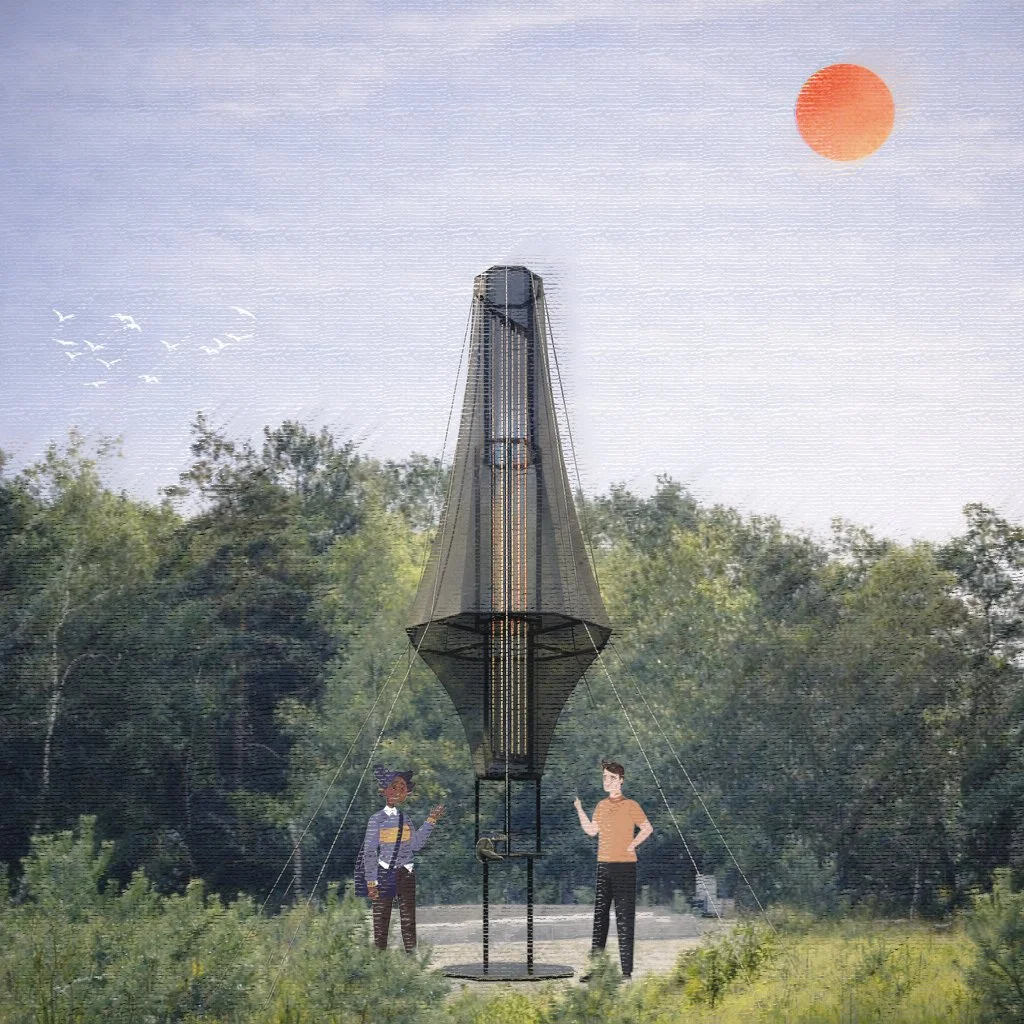 Une image d'une maquette d'une fusée en plein air, avec deux figurants, un homme et une femme, qui parlent devant. Il y a des arbres en arrière-plan et un soleil rouge dans le ciel.