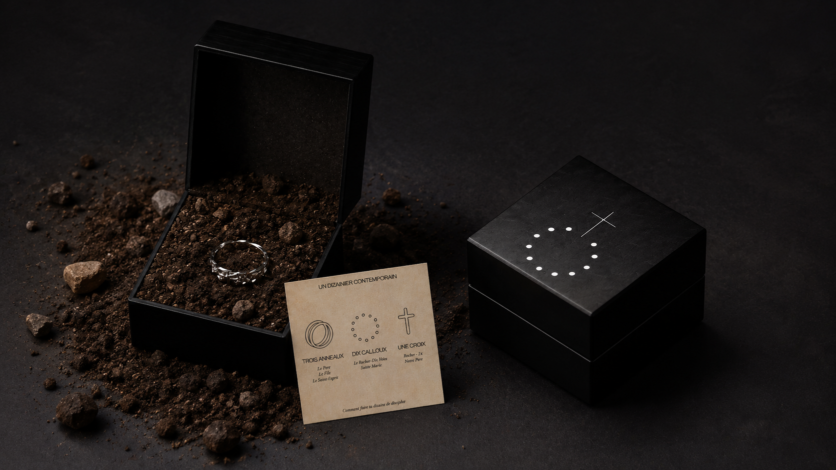 Une boîte noire contenant de la terre et une bague en métal, accompagnée d'une fiche explicative avec des symboles religieux, et une autre boîte noire avec un motif lumineux. La scène est sombre avec un fond noir.