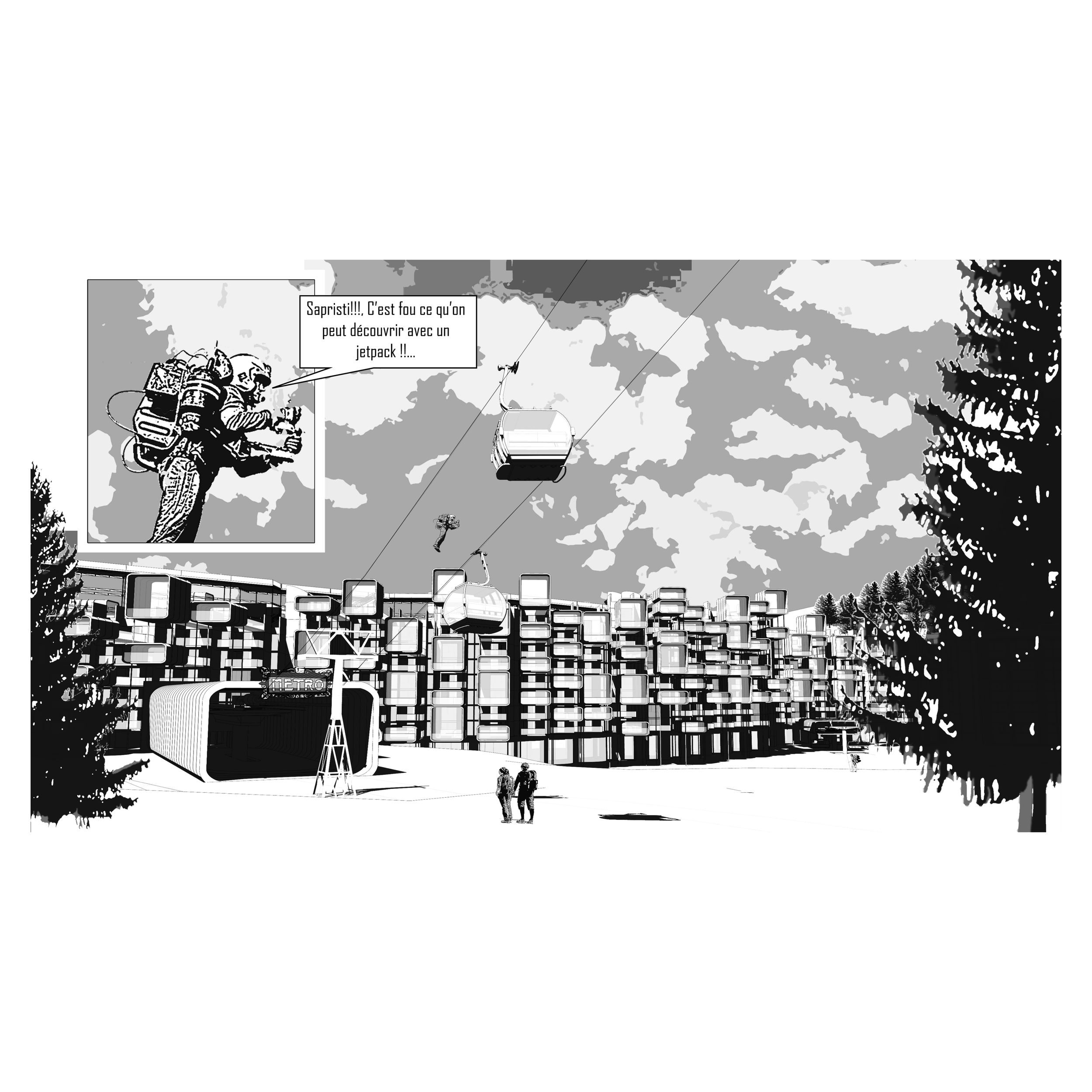 Une silhouette de paysage urbain avec une structure moderne, des arbres, des personnes qui se promènent et une station de métro nommée 'METRO'.