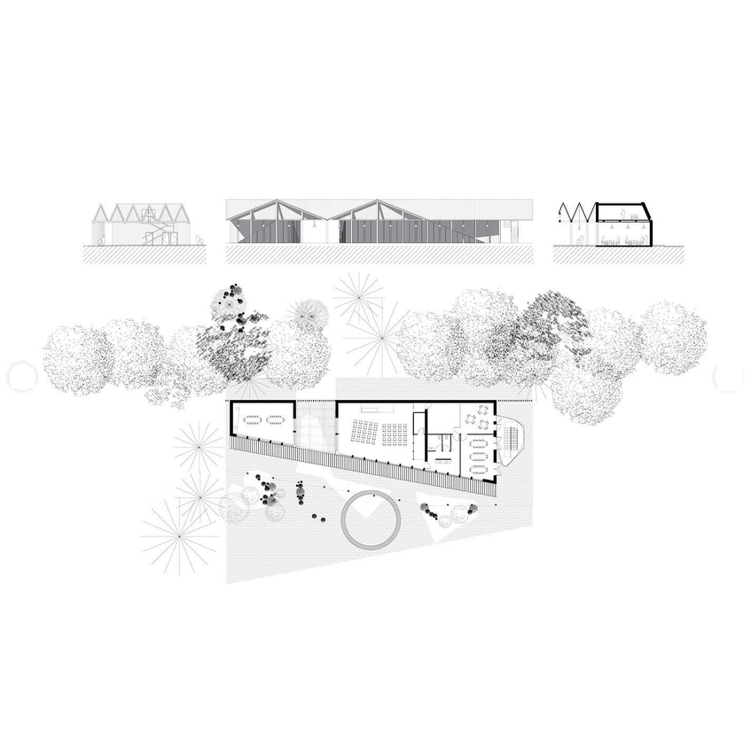 Plan architectural d'une maison entourée d'arbres avec sections et croisées, montrant la disposition intérieure et extérieure