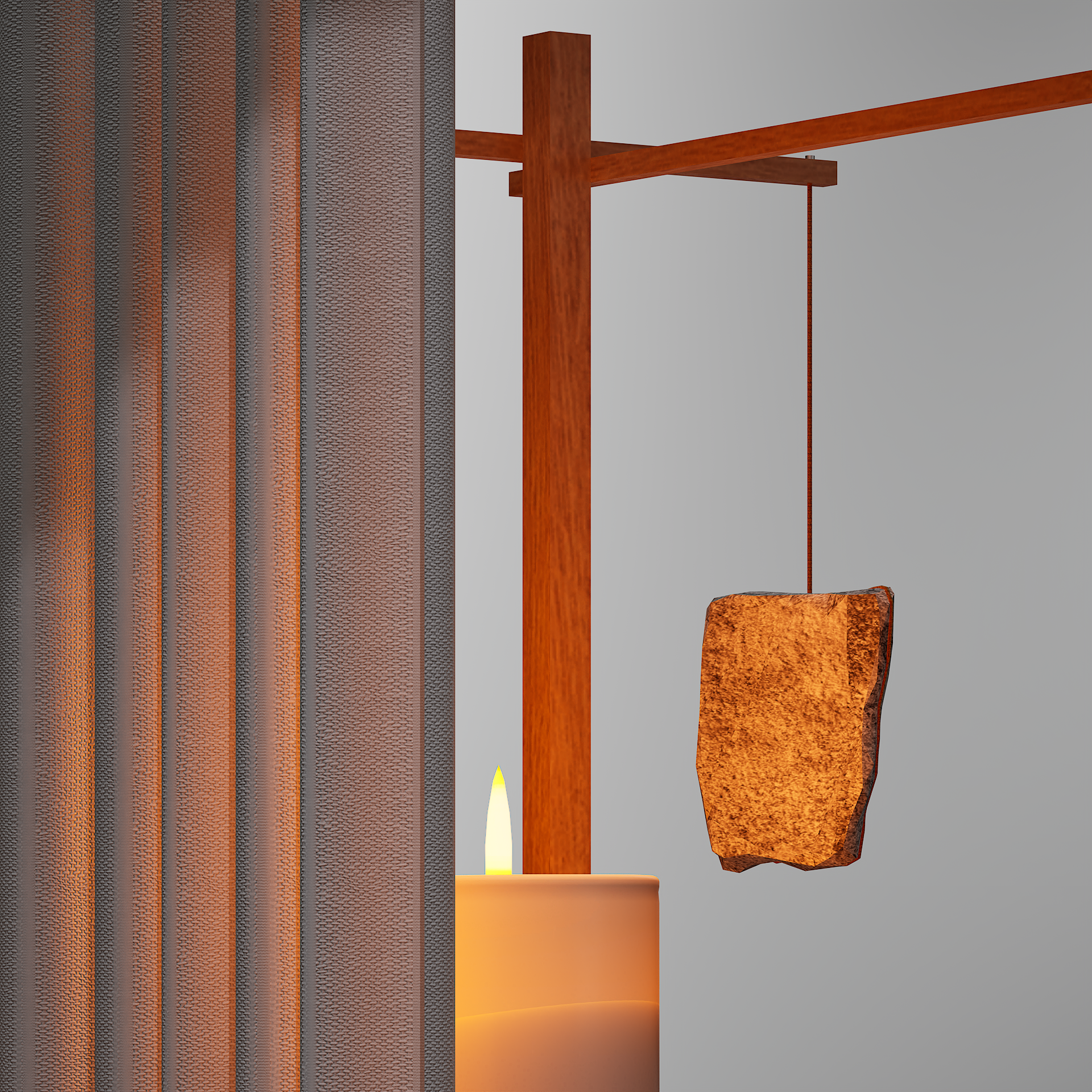 Une composition artistique avec un mur en tissu, une structure en bois avec une corde suspendue, une pierre, et un fond gris. 