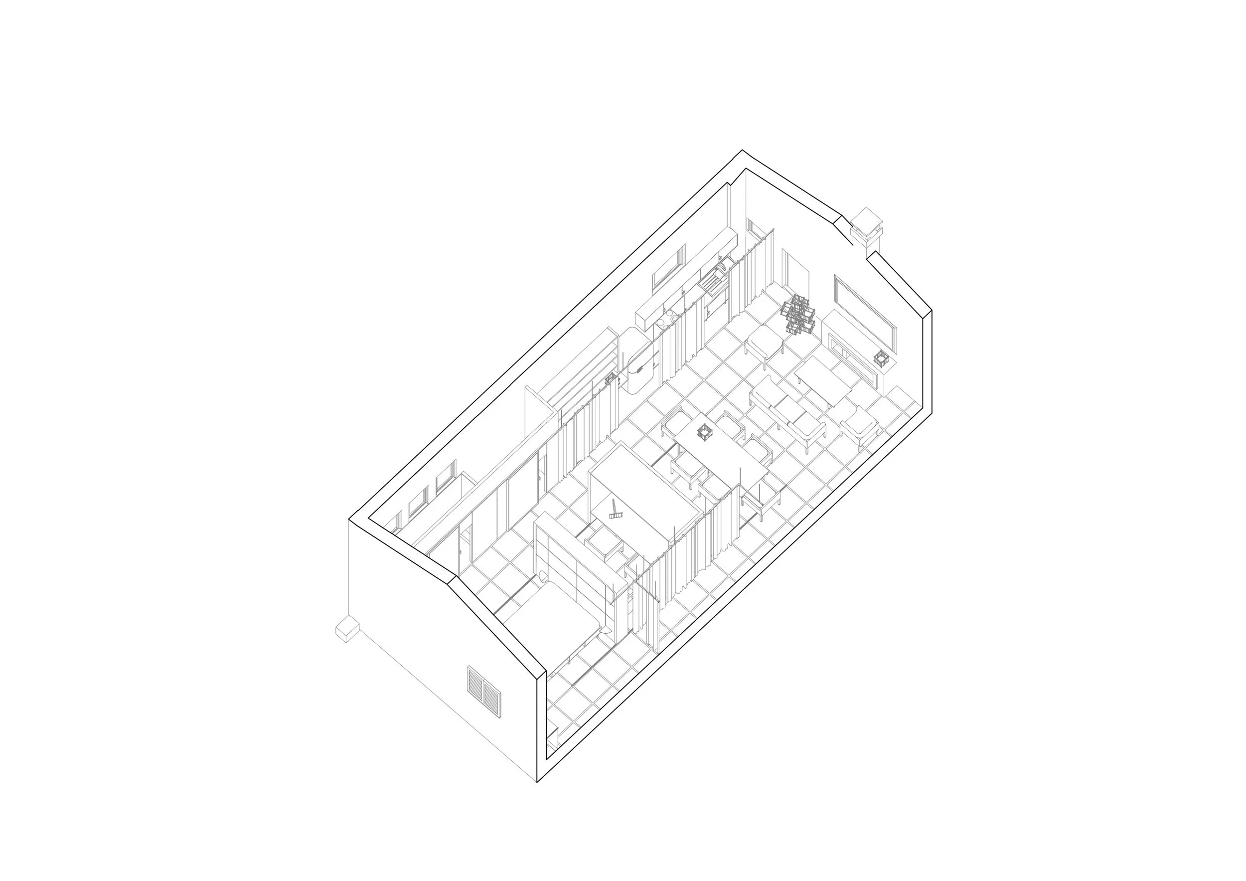 Plan architectural d'un intérieur résidentiel avec salon, salle à manger et cuisine.