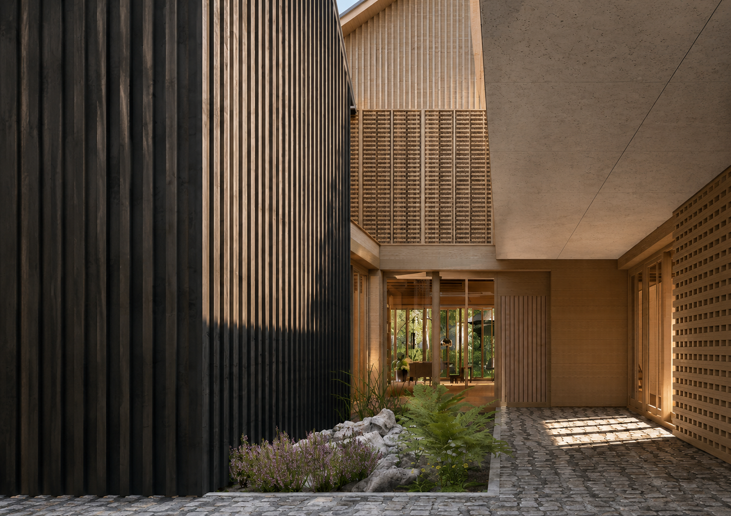 Vue intérieure d'une maison moderne en bois avec un mur noir en bois, un plafond en béton, et un espace de vie lumineux avec des fenêtres laissant entrer la lumière naturelle.
