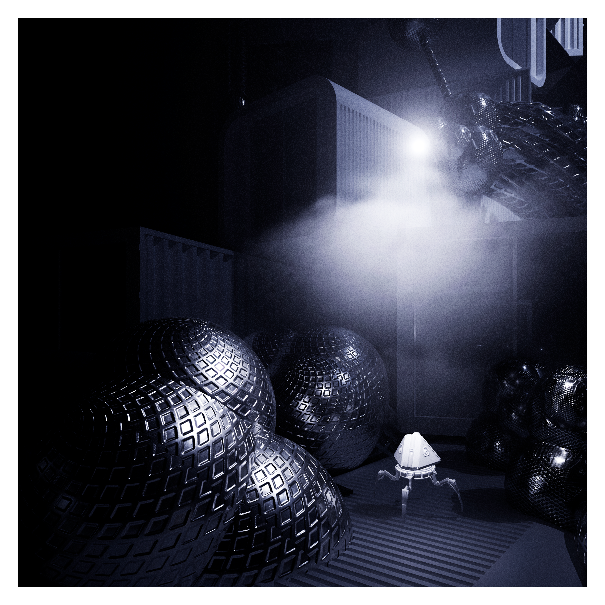 Image futuriste représentant des structures géométriques en forme de sphères et de dômes en métal avec des motifs en grille, dans un environnement sombre avec une lumière intense émanant d'une source lumineuse située à droite.