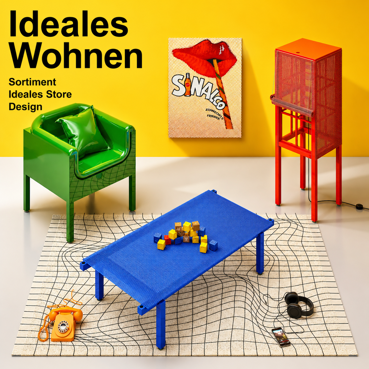 Une salle d'exposition avec des meubles colorés, un tapis géométrique, une affiche murale, un téléphone orange et des écouteurs noirs, sur un fond jaune.